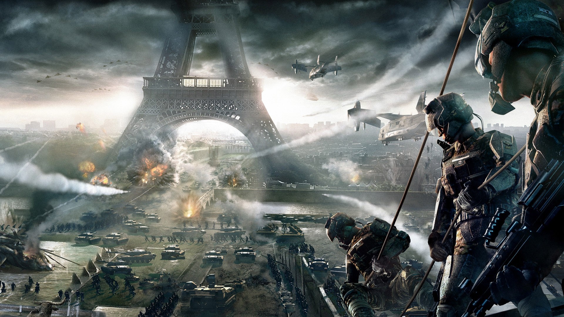 Battle for Paris with Eiffel Tower and Soldiers HD Wallpaper