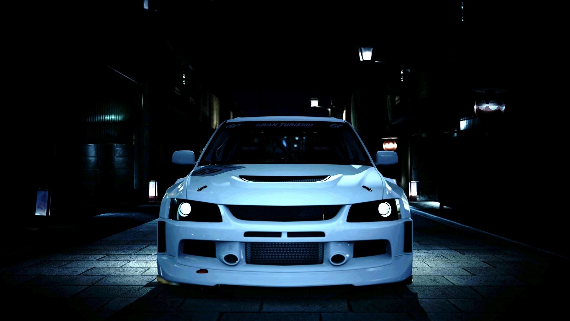 White Mitsubishi Lancer Evolution parked at night HD Wallpaper