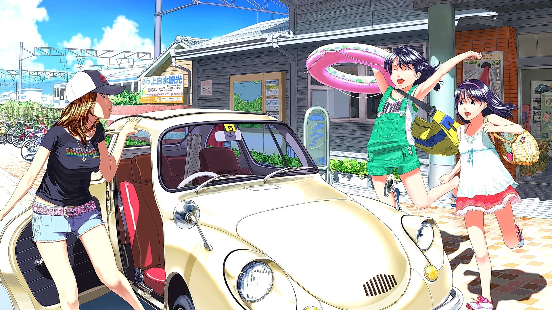 Anime girls with a car at a train station HD Wallpaper