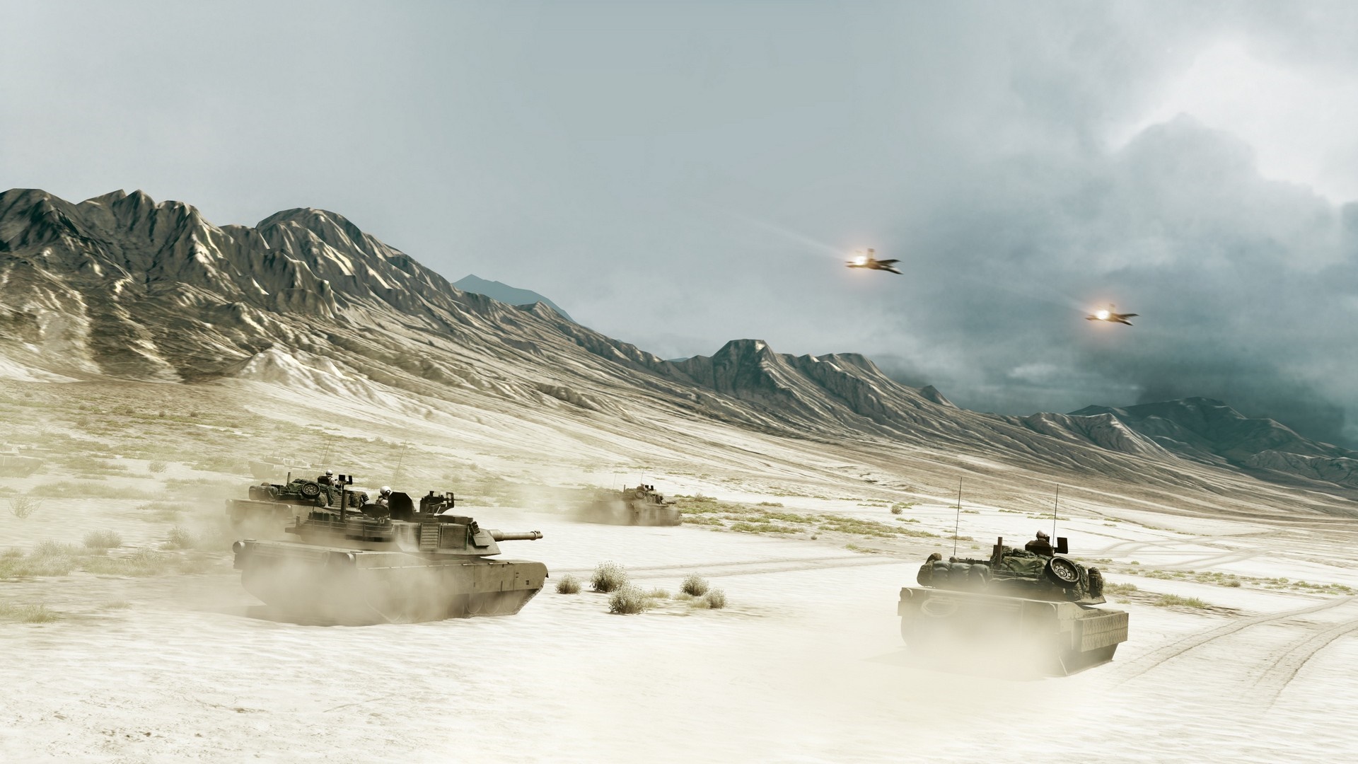 Tanks and jets in a desert mountain landscape HD Wallpaper
