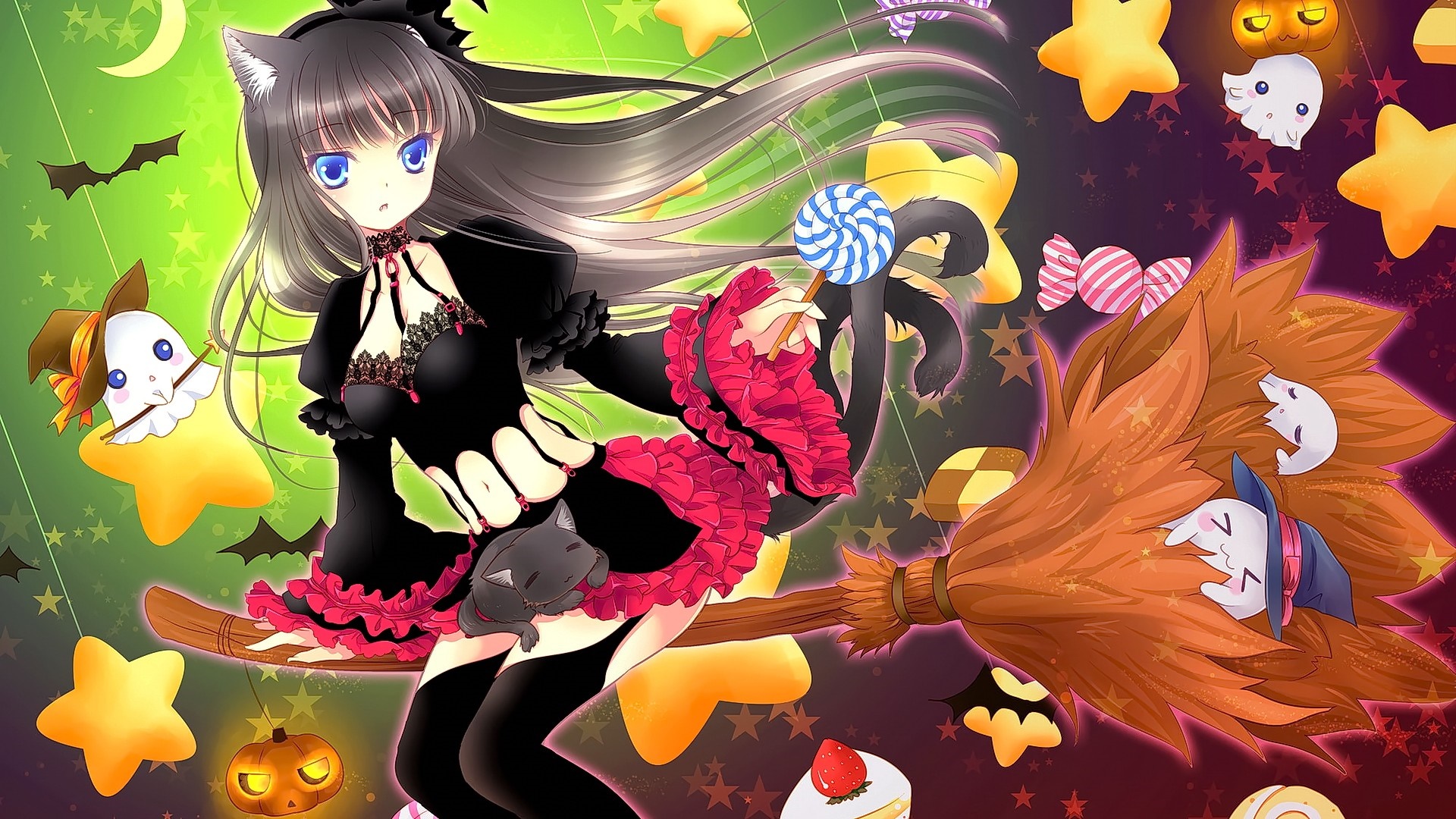 Anime cat girl witch flying on a broomstick with Halloween decorations HD Wallpaper