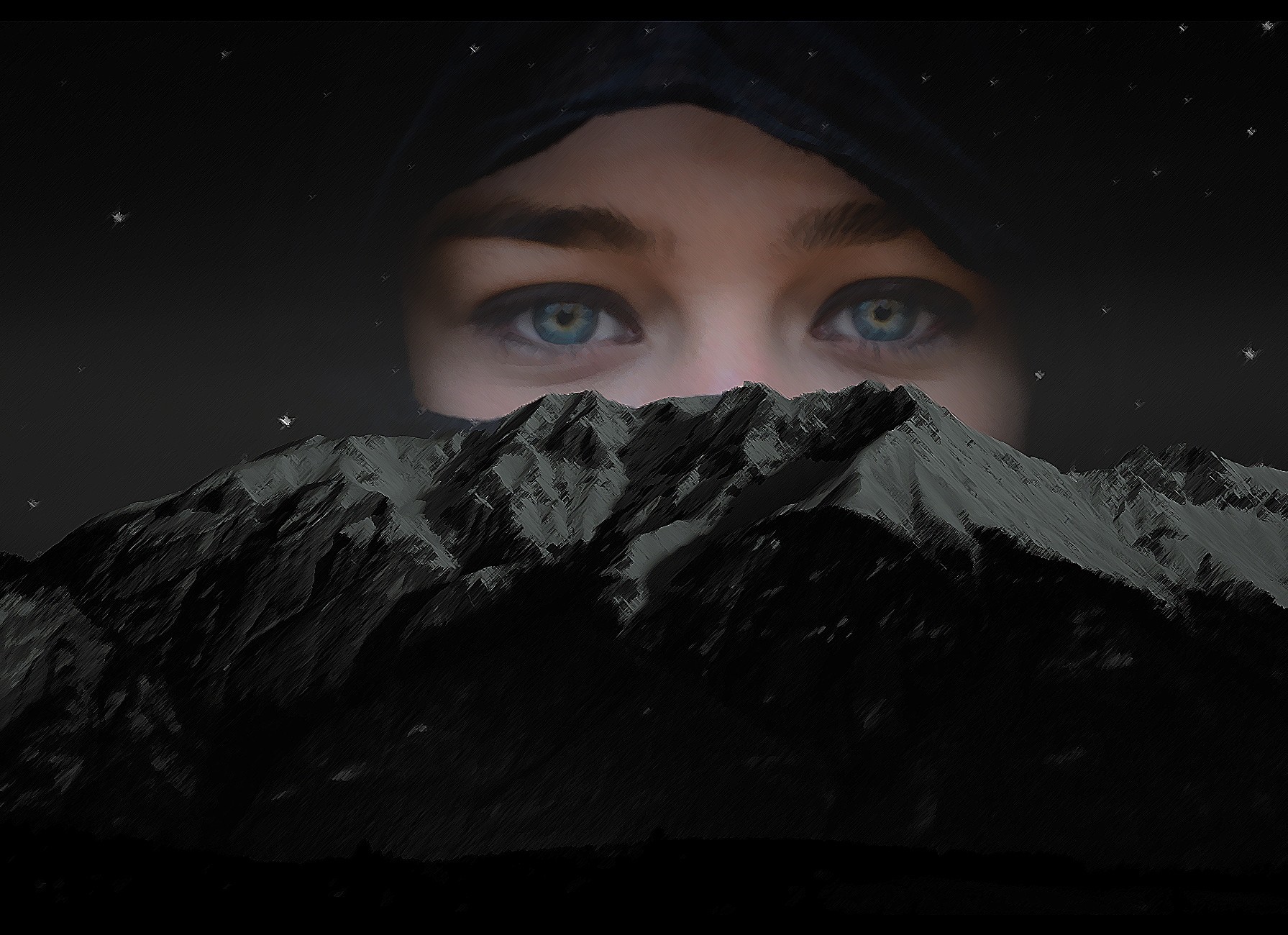 Eyes peeking over mountains at night HD Wallpaper