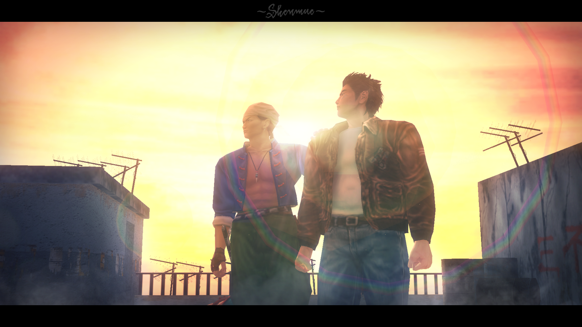 Two men on a rooftop at sunset HD Wallpaper