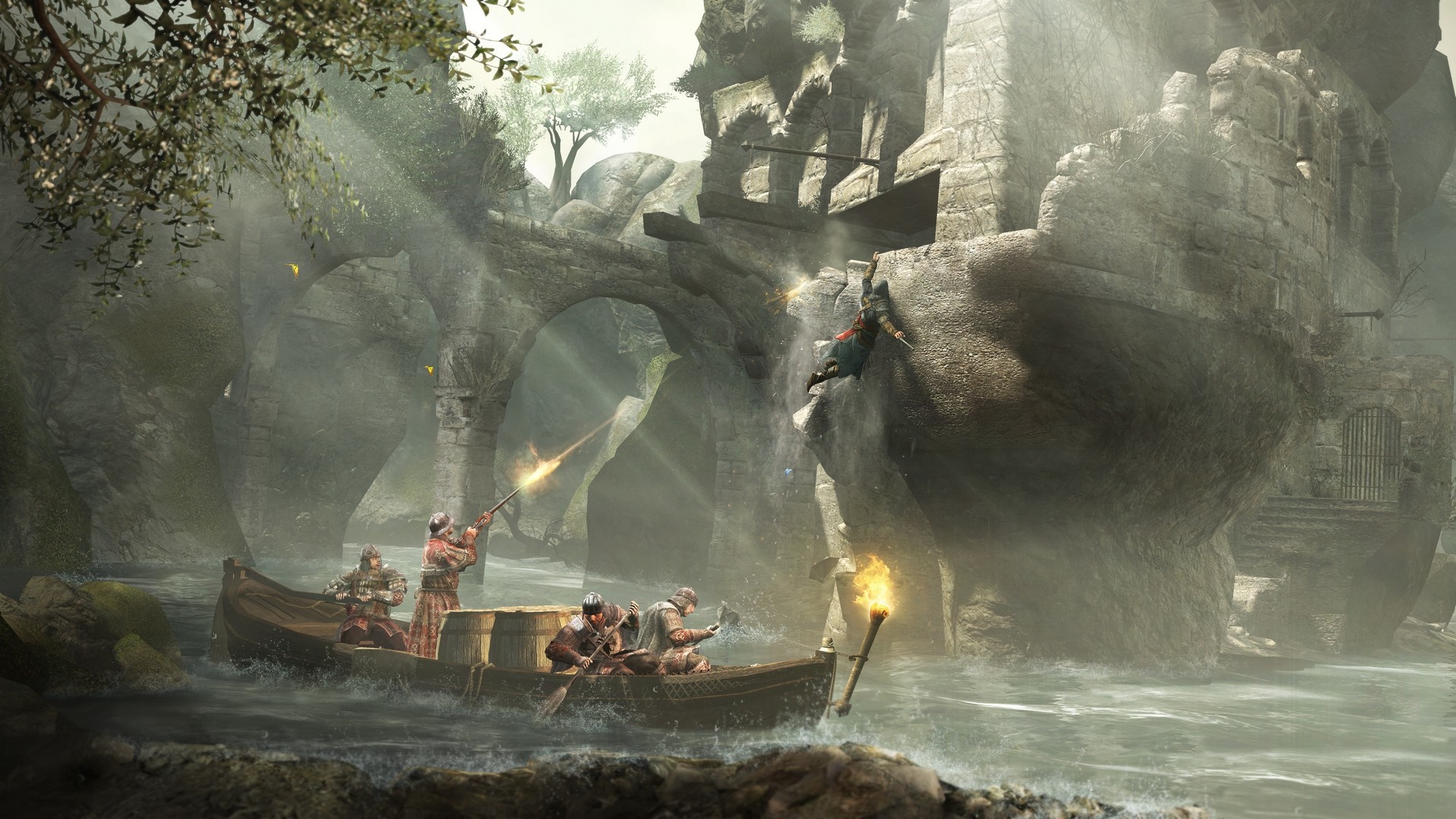 Ezio Auditore da Firenze in Assassin's Creed during a boat battle HD Wallpaper
