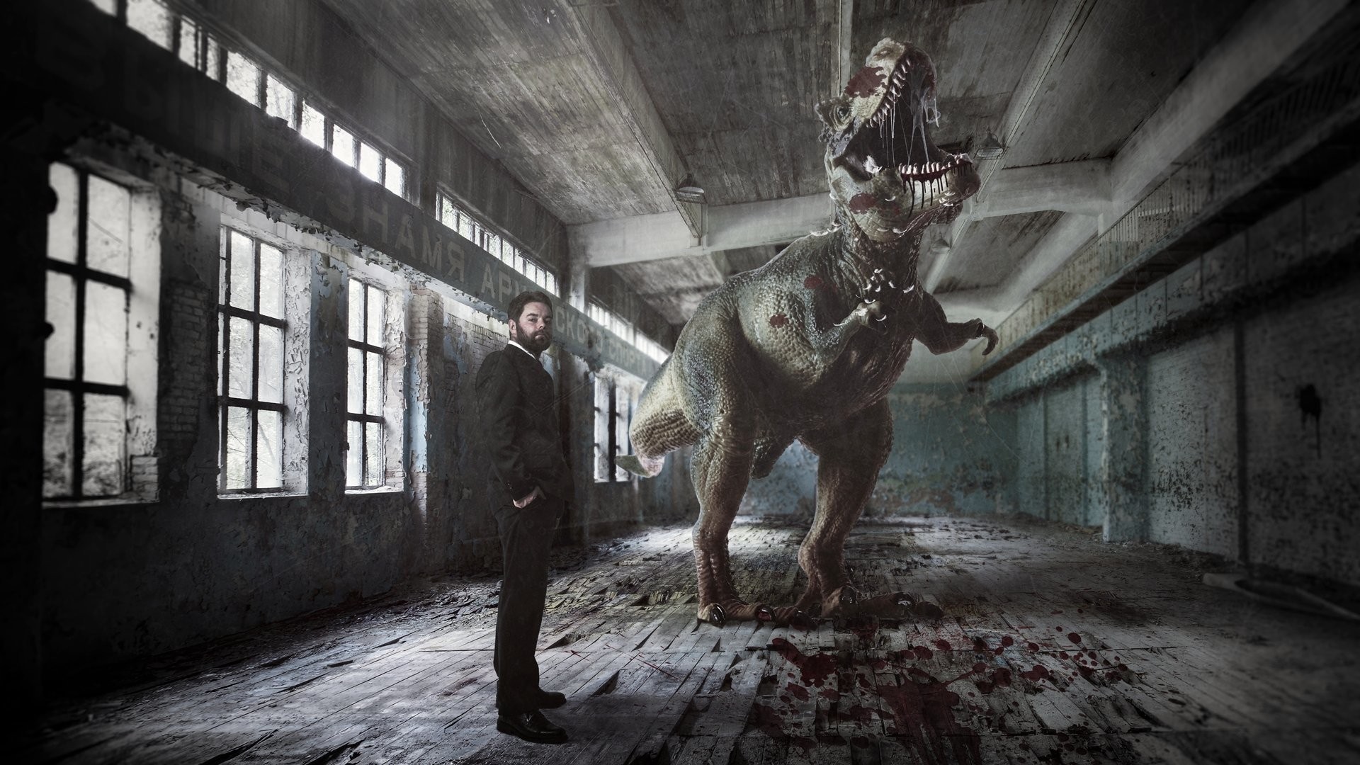 Man and Dinosaur in Abandoned Building HD Wallpaper