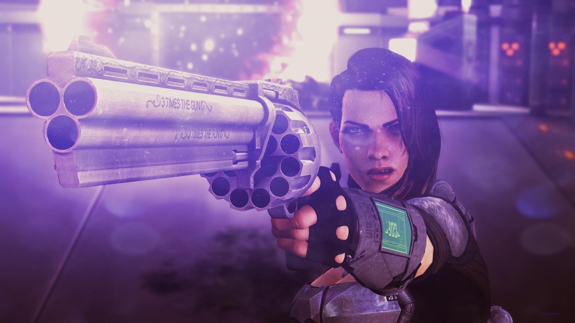 Woman with large gun in futuristic setting HD Wallpaper
