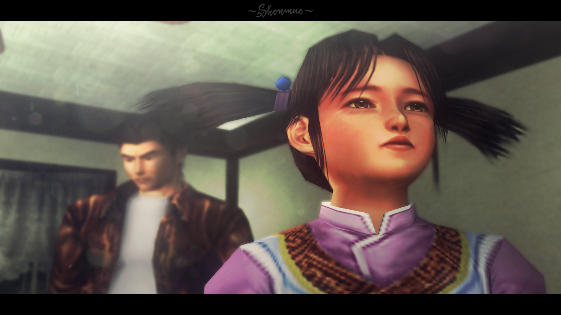 Shenmue screenshot featuring Ryo Hazuki and a young girl HD Wallpaper