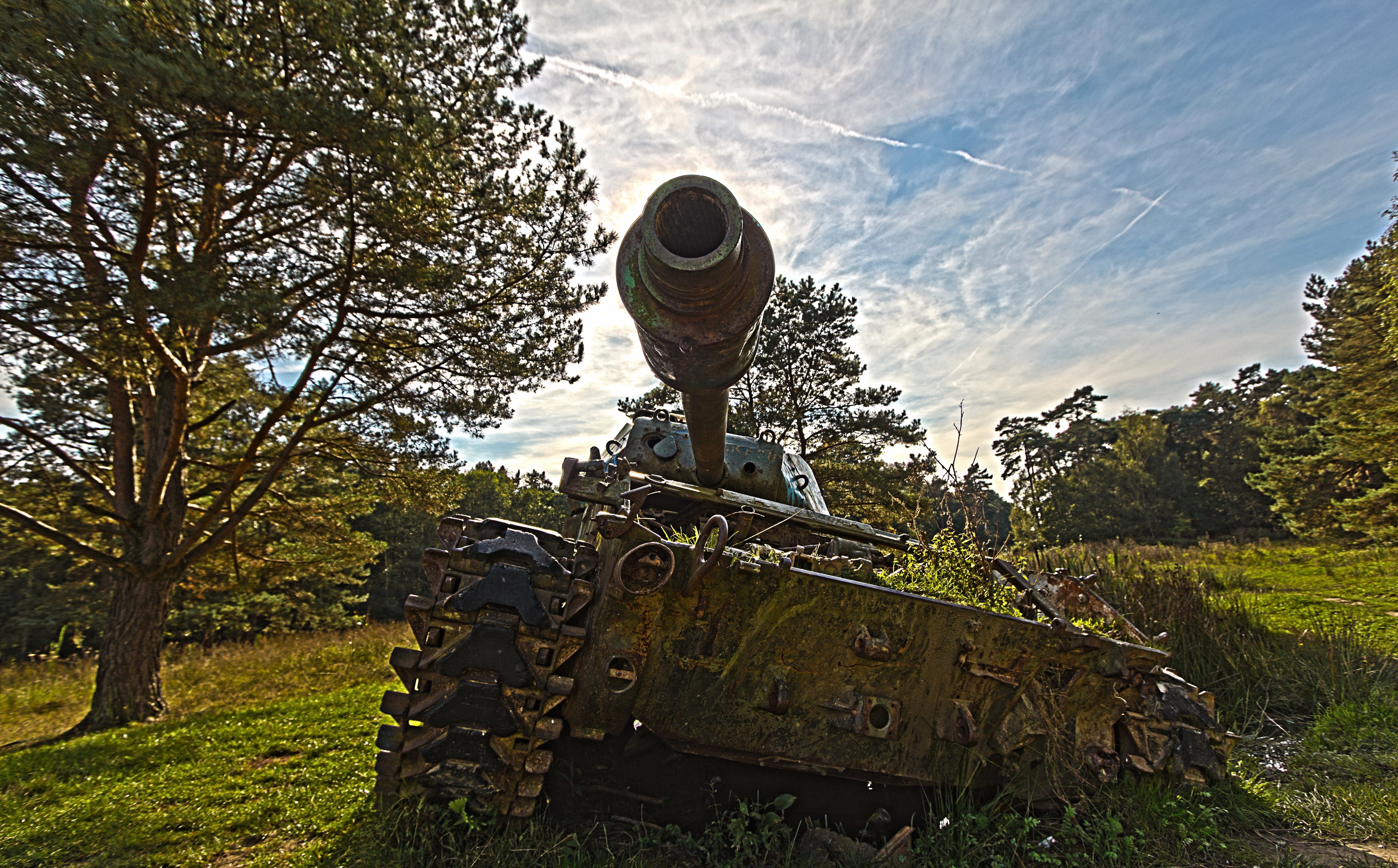 Abandoned tank in a grassy field with trees HD Wallpaper