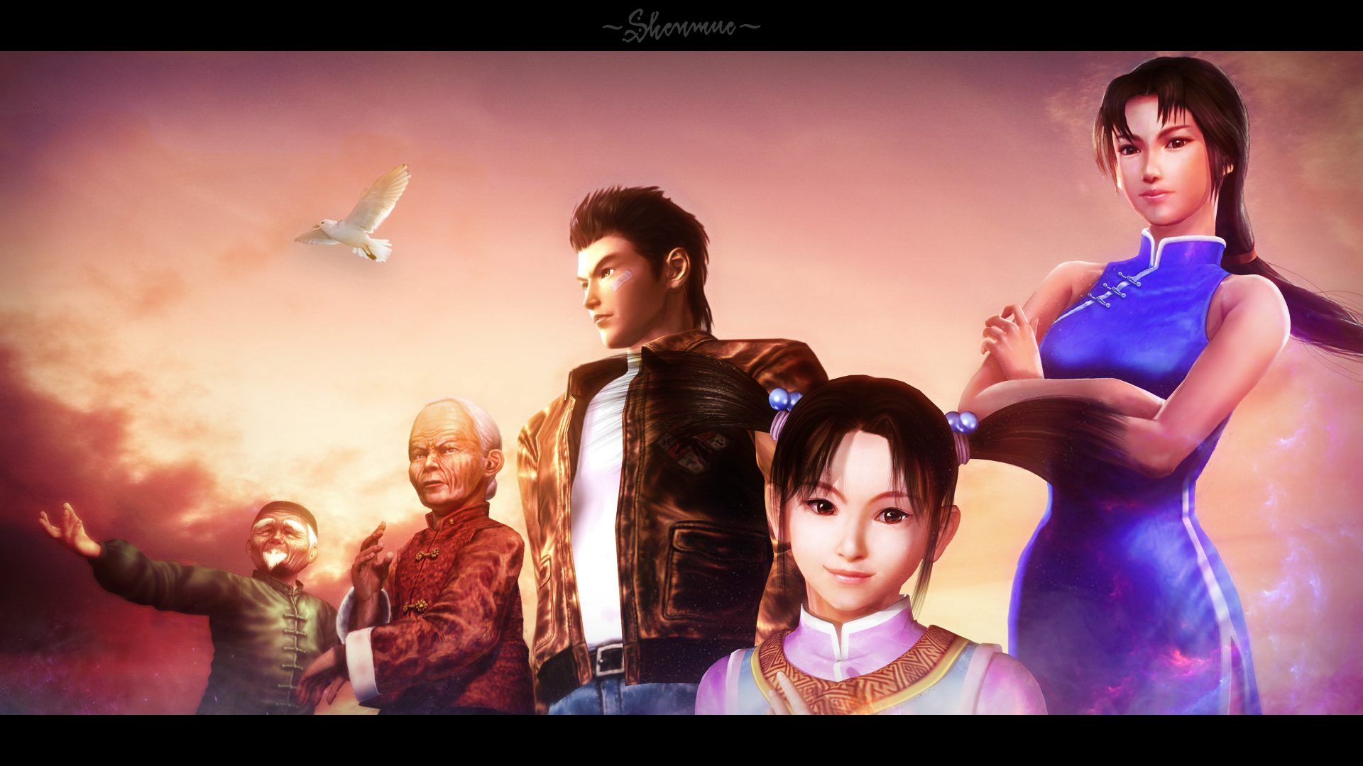 Characters from Shenmue standing against a sunset sky HD Wallpaper