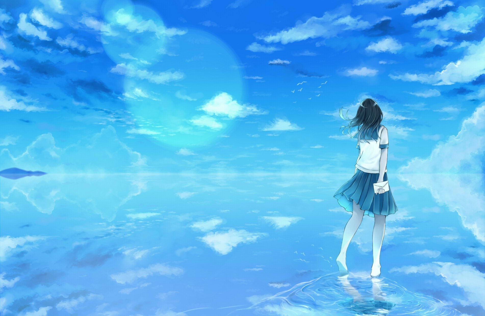 Anime girl in school uniform standing on water under blue sky HD Wallpaper