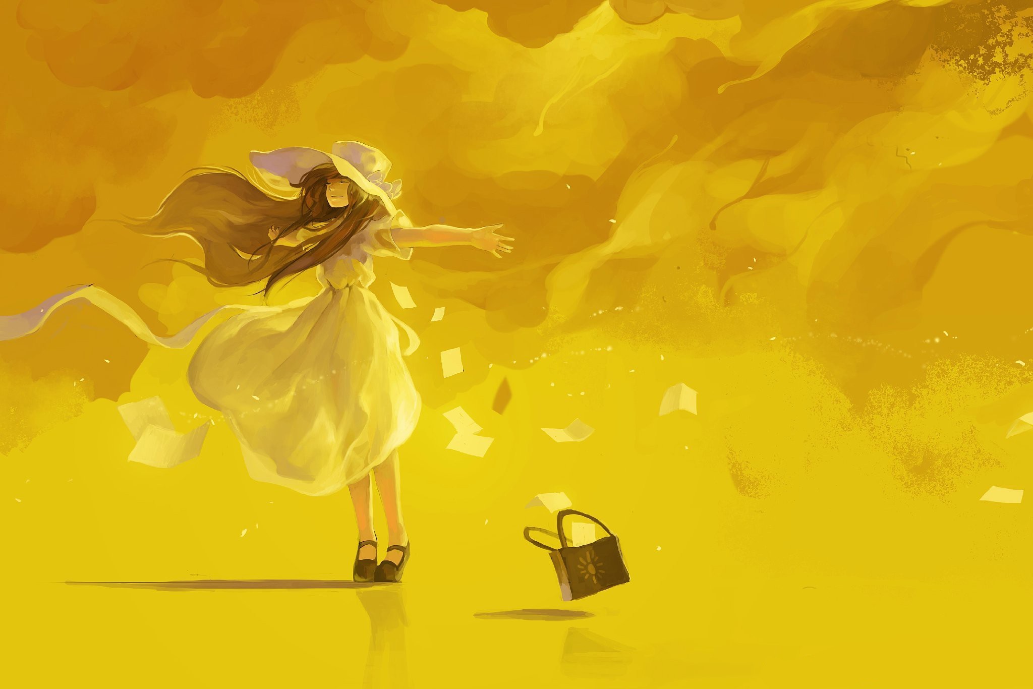 Girl in a yellow dress and hat in the wind HD Wallpaper