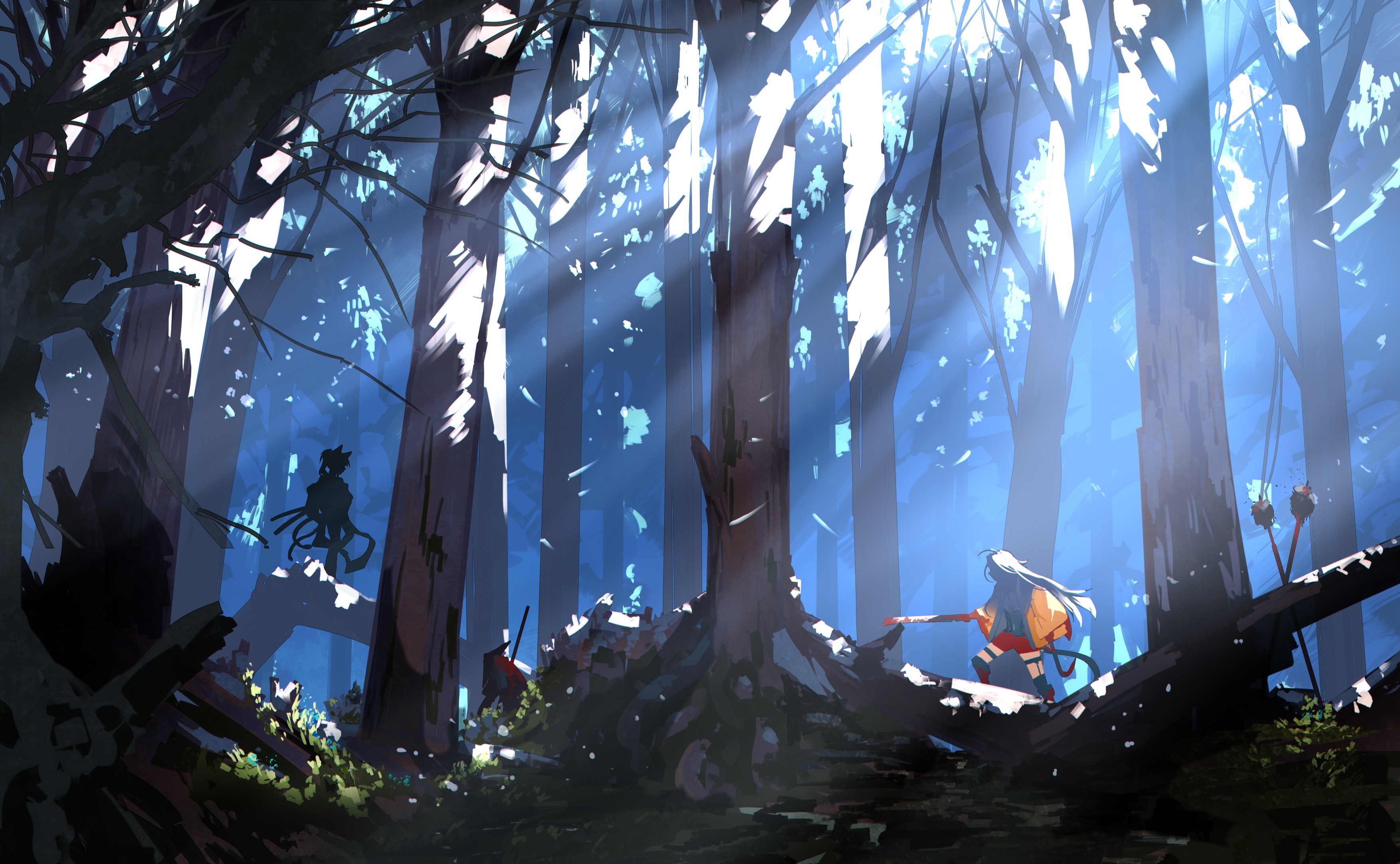 Two figures in a sunlit forest HD Wallpaper