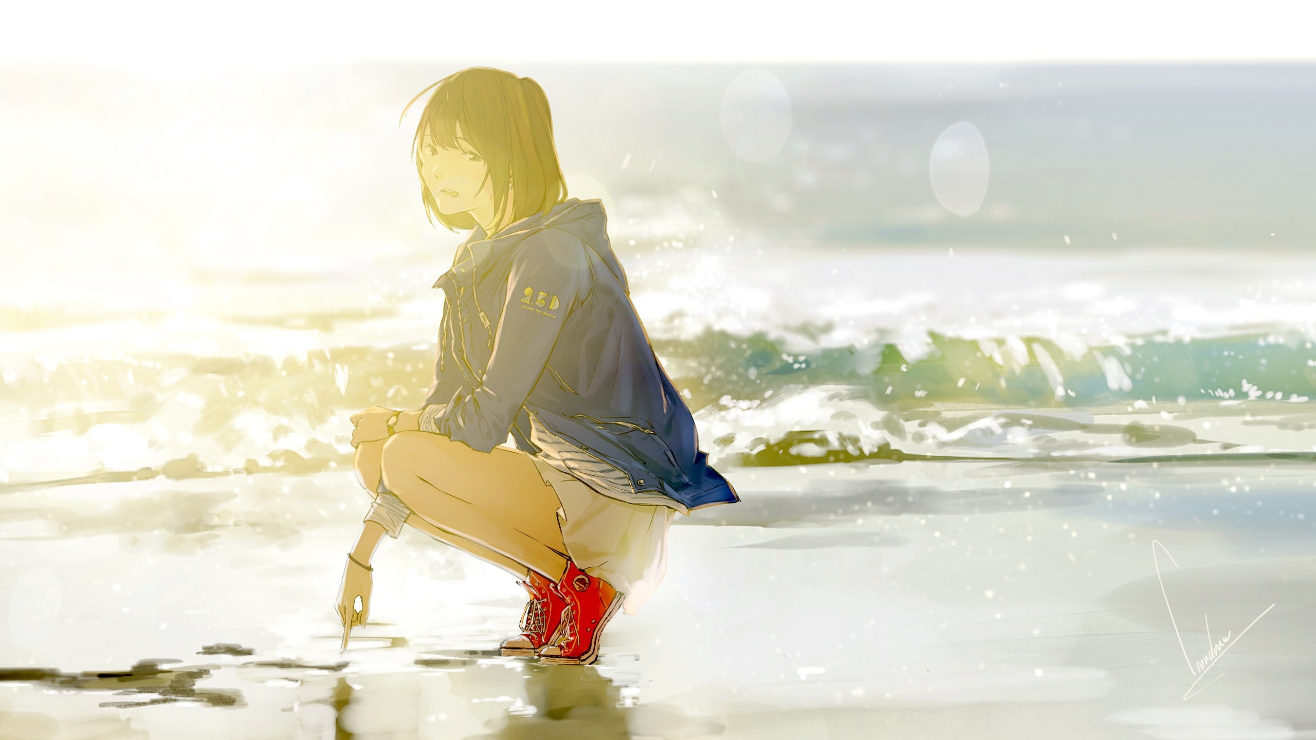 Girl drawing in the sand at the beach during sunrise HD Wallpaper