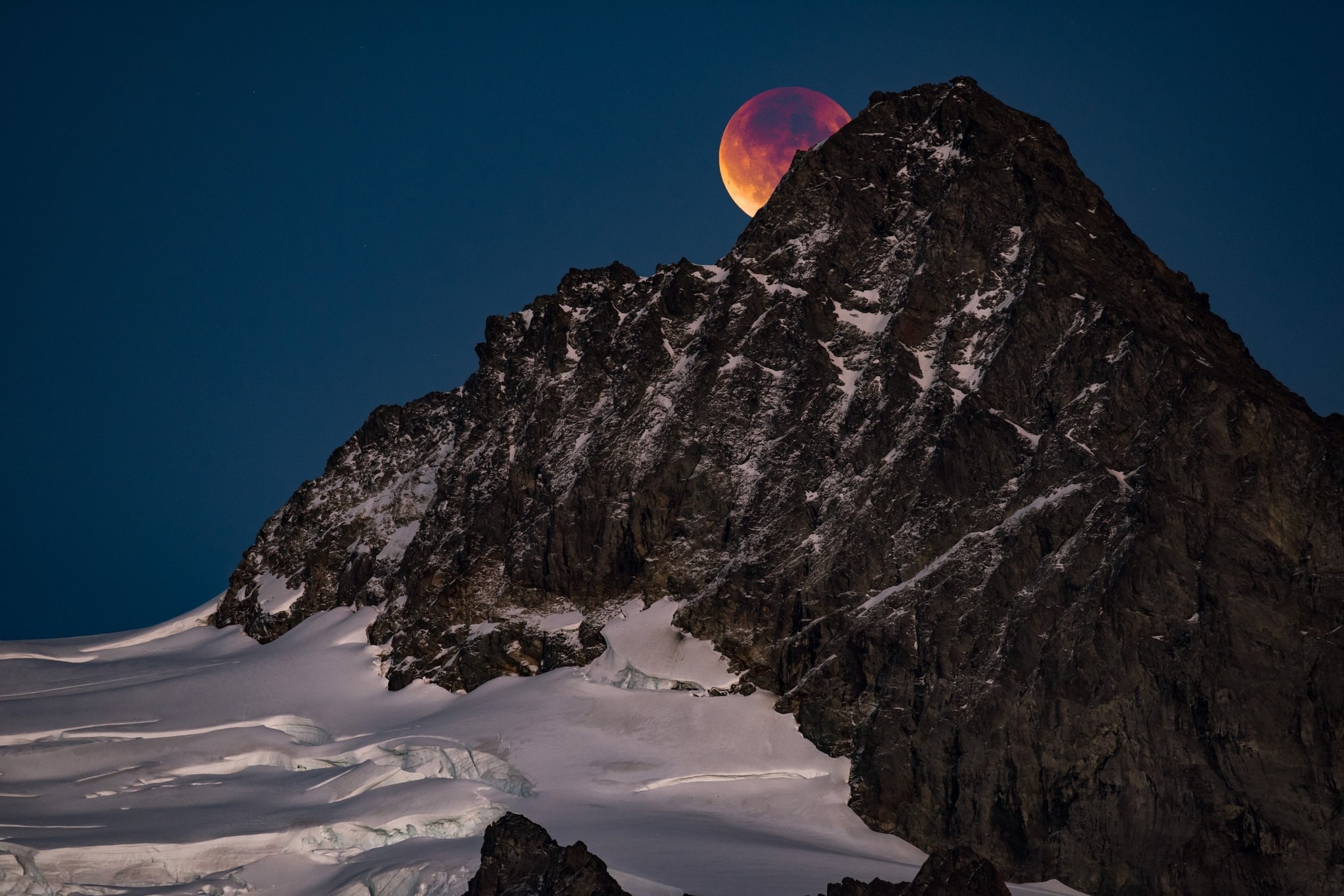Blood Moon Over Snowy Mountain Peak HD Wallpaper
