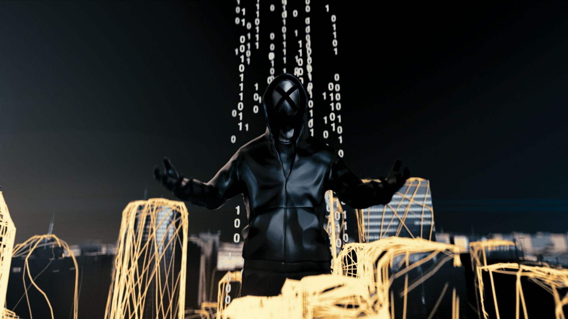 Hacker in a black hoodie with binary code falling HD Wallpaper