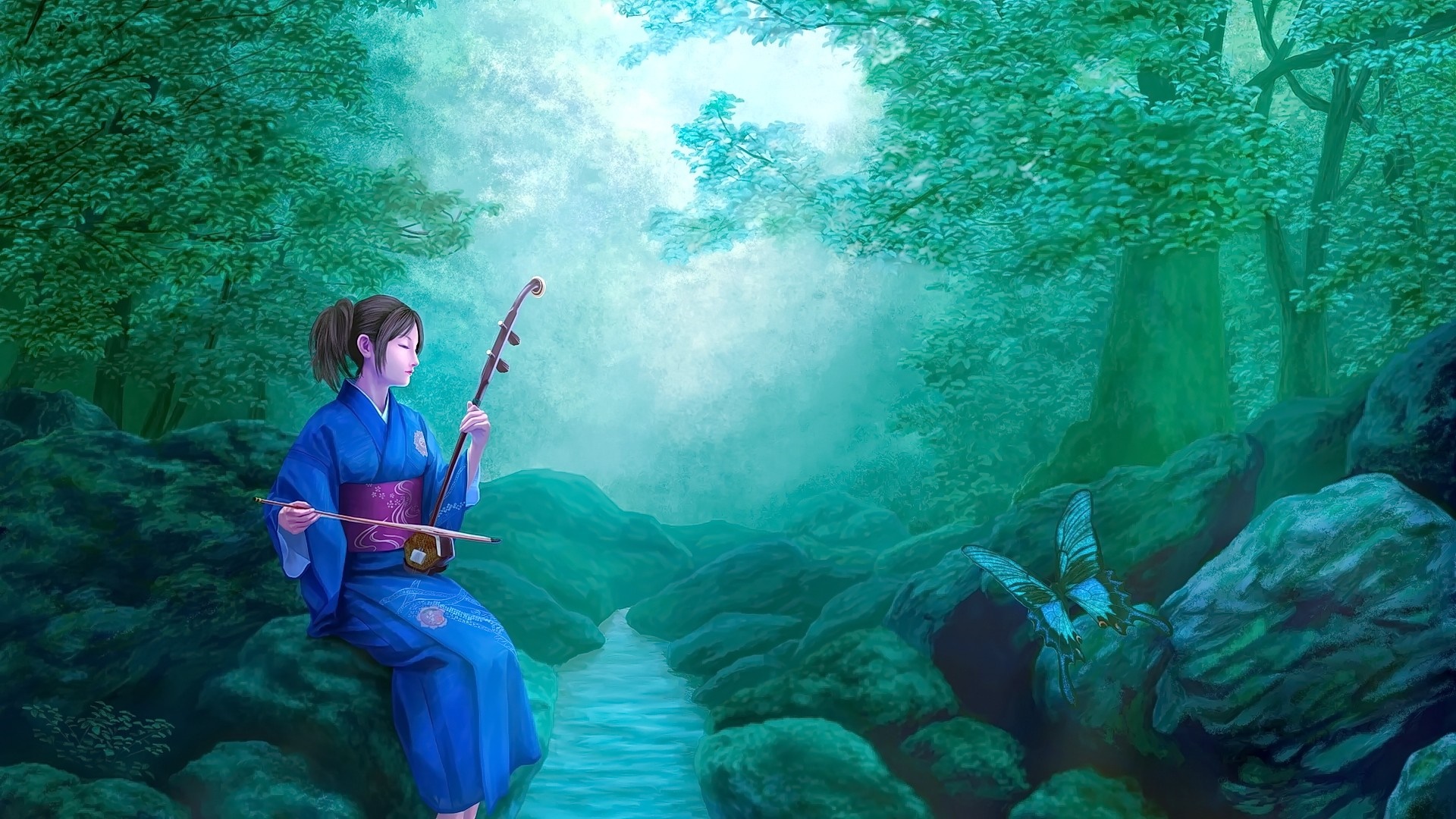 Anime girl playing erhu in a misty forest HD Wallpaper