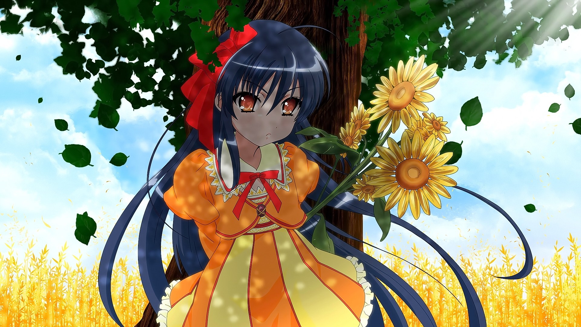 Shana from Shakugan no Shana holding sunflowers HD Wallpaper