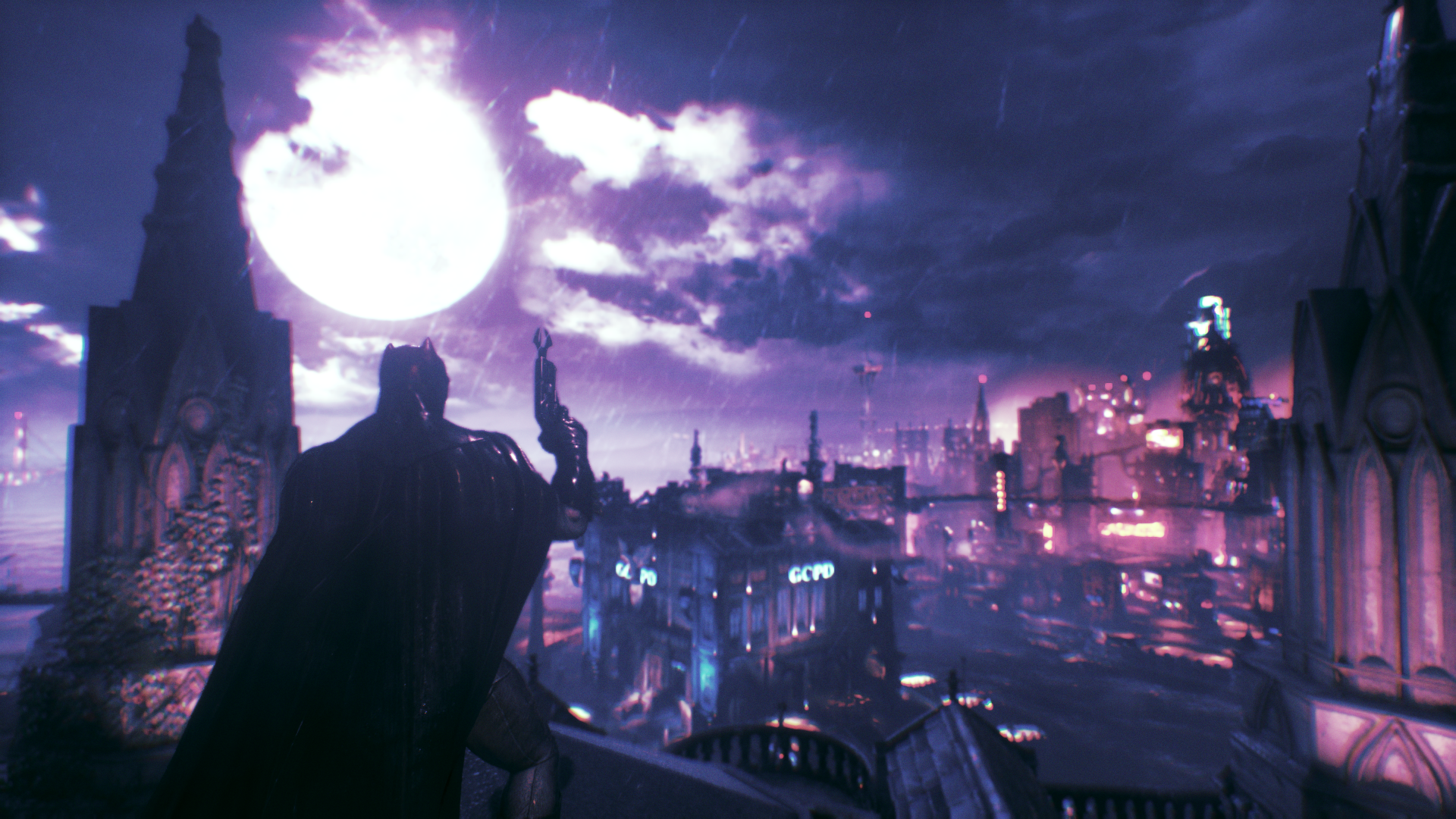 Batman from Batman Arkham Knight overlooking Gotham City at night HD Wallpaper