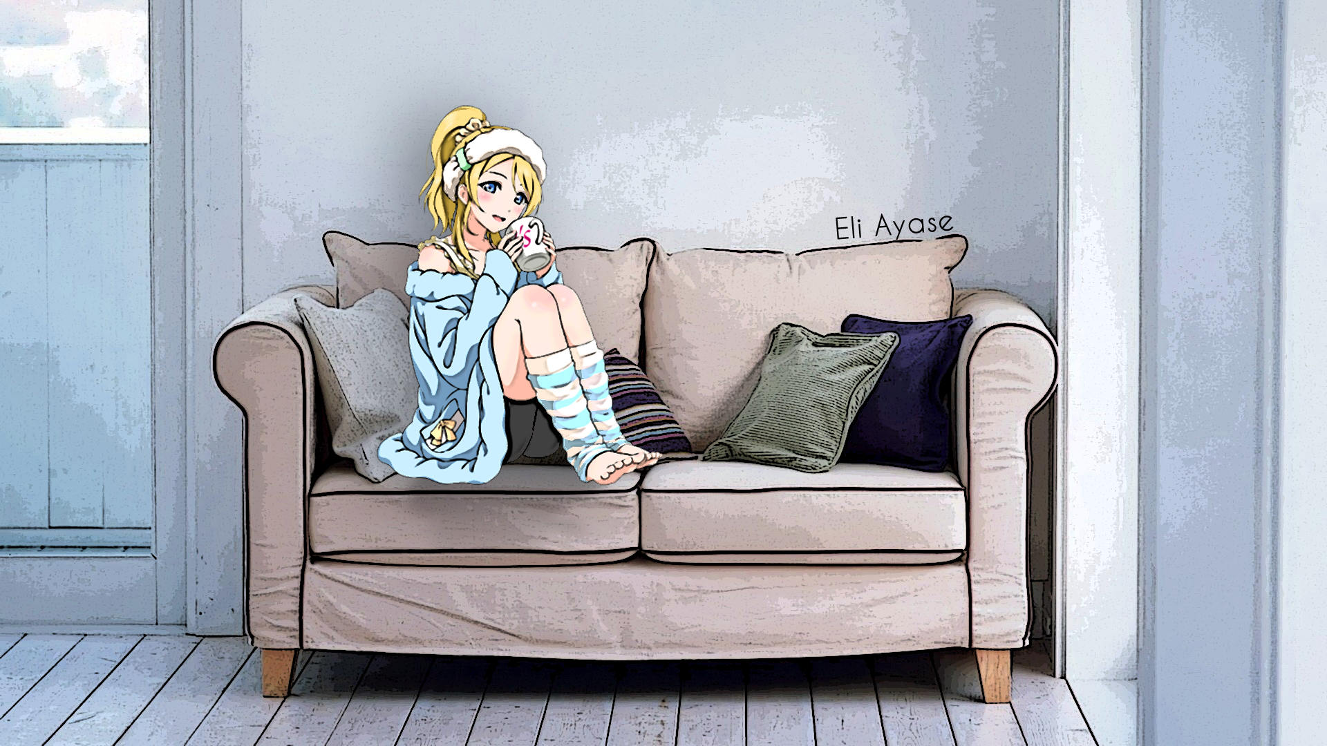 Eli Ayase sitting on a couch with a mug HD Wallpaper