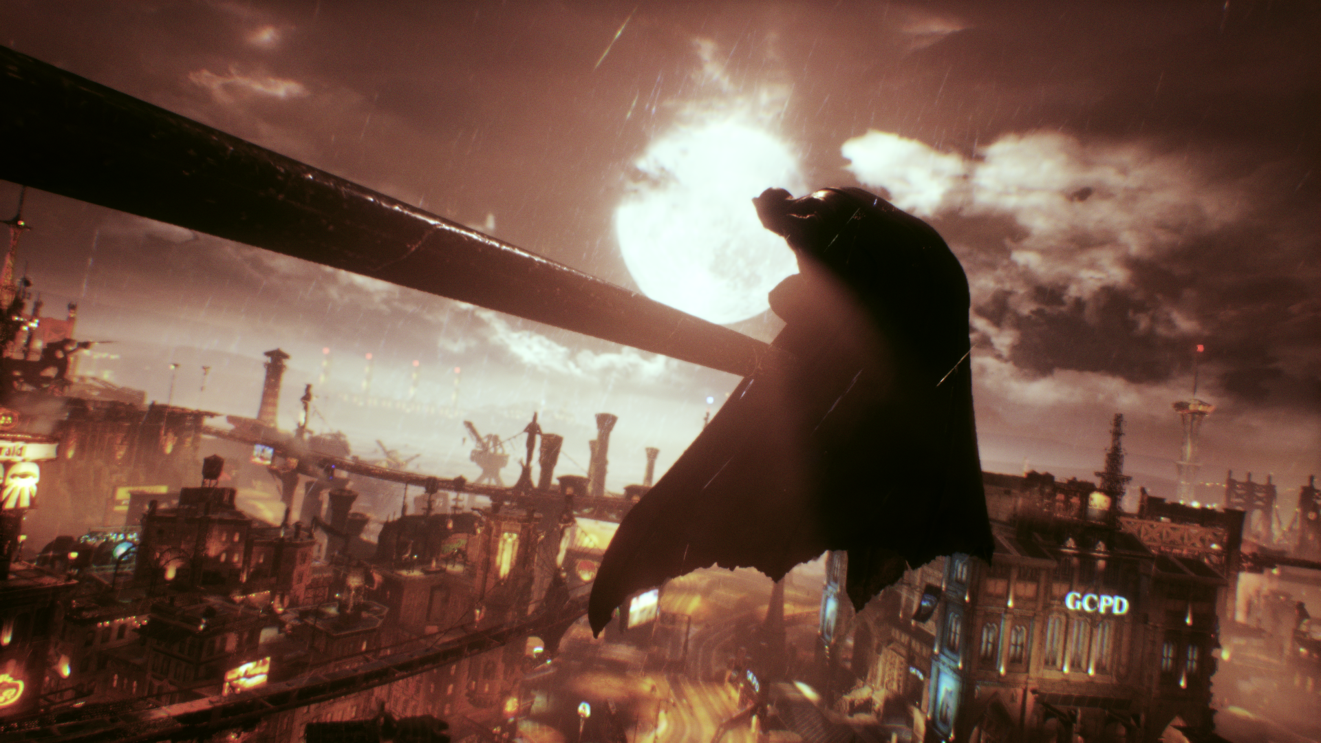 Batman from Batman Arkham Knight overlooking a city at night HD Wallpaper