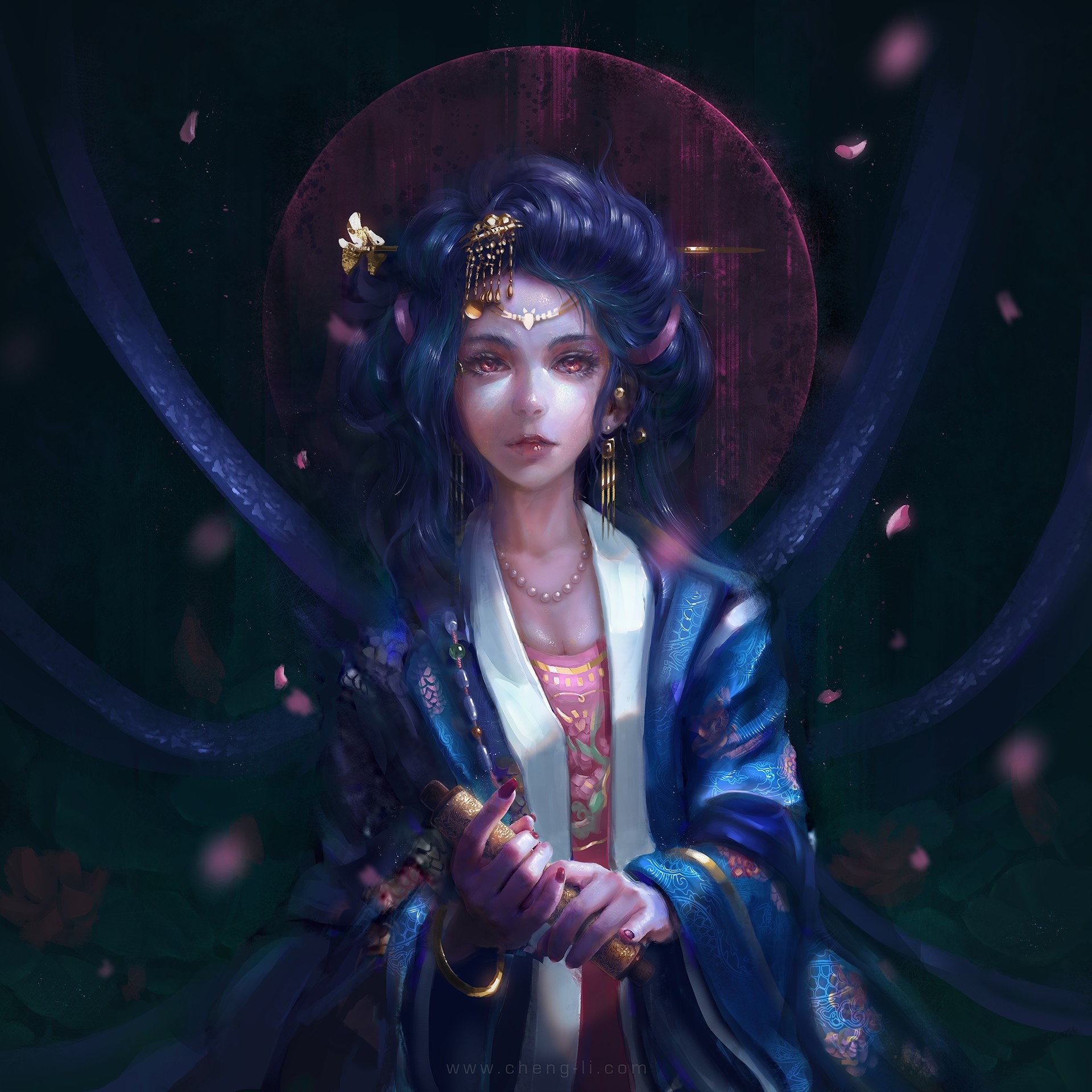 Fantasy art of a woman in blue robes HD Wallpaper