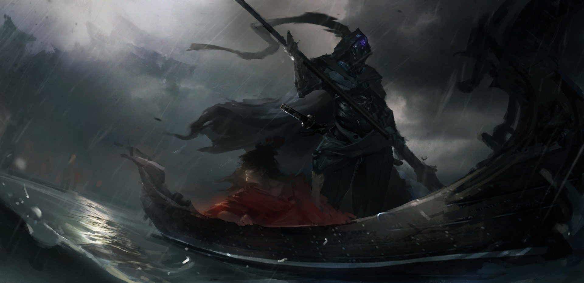 Fantasy warrior in a boat during a storm HD Wallpaper