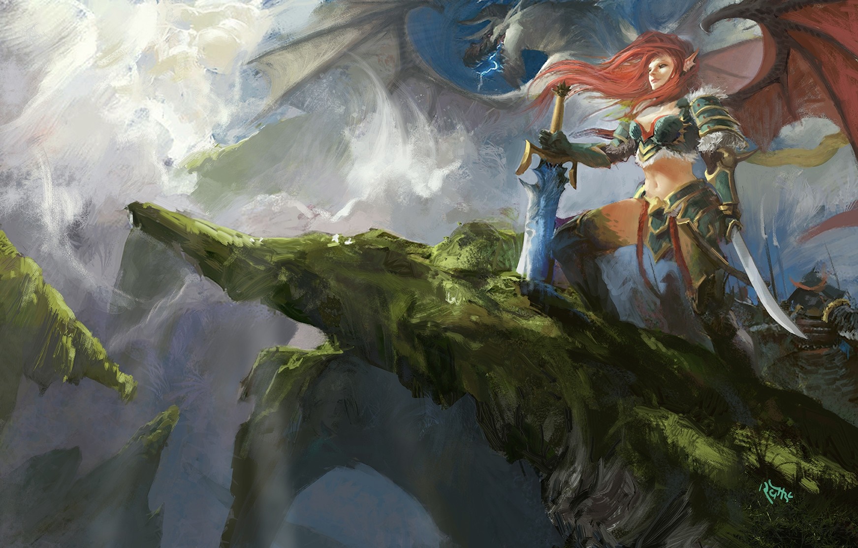 Fantasy warrior with red hair and wings holding a sword HD Wallpaper