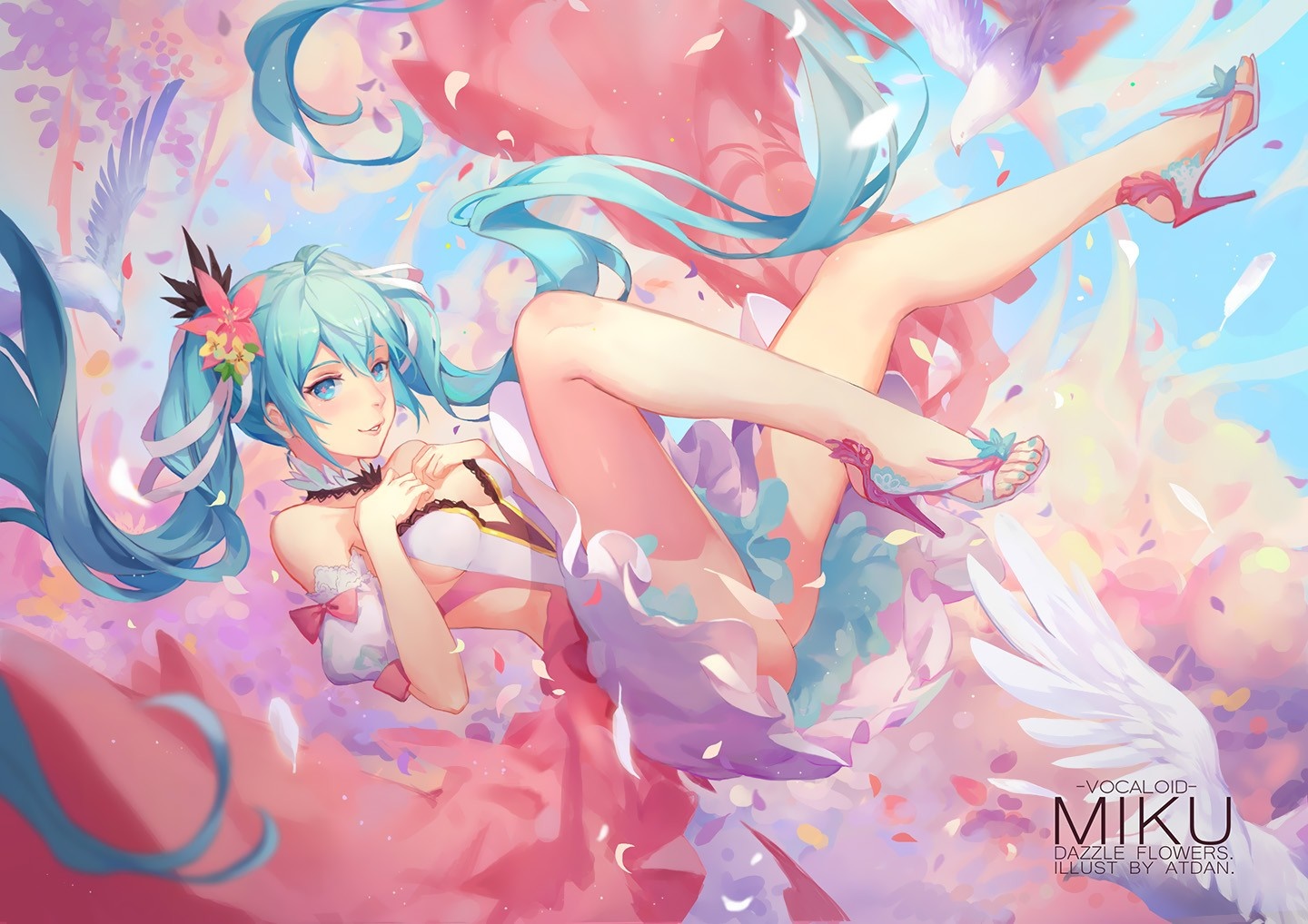 Hatsune Miku from Vocaloid surrounded by flowers and birds HD Wallpaper