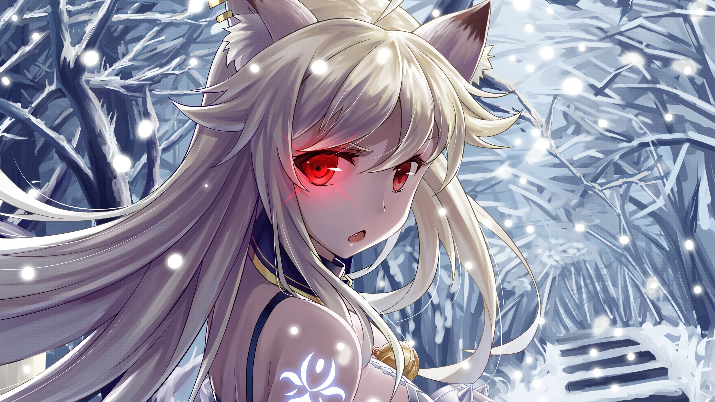 Anime girl with fox ears and red eyes in a snowy forest HD Wallpaper