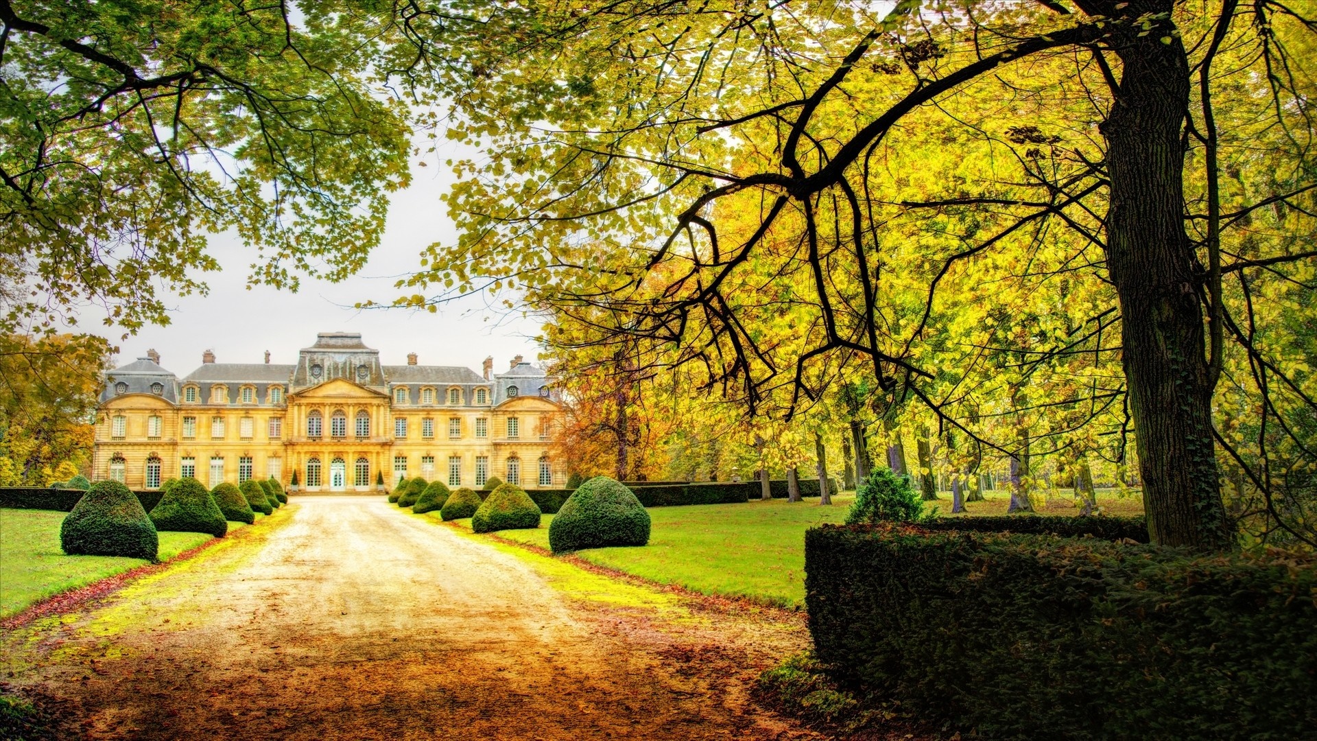 Chateau in autumn garden with trees HD Wallpaper