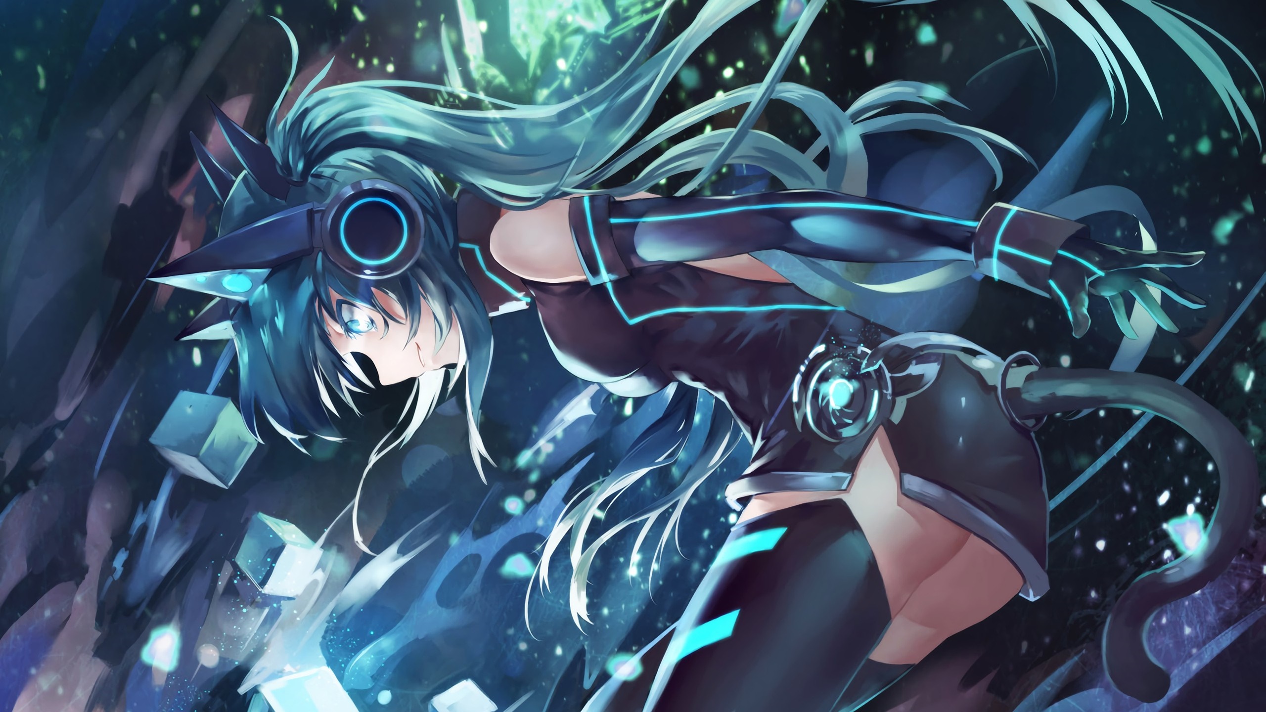 Anime girl with cat ears and headphones in futuristic outfit HD Wallpaper