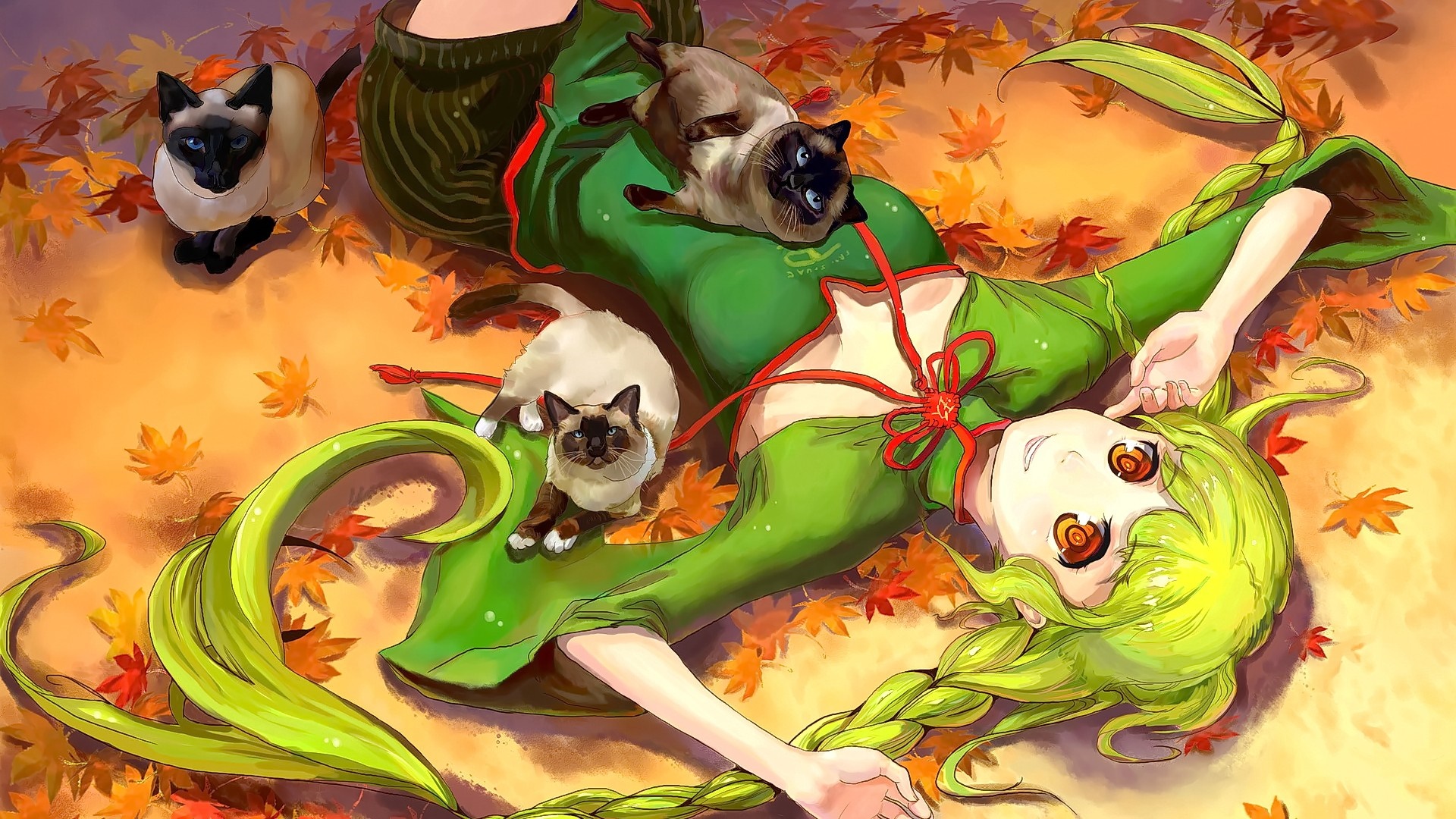 Anime girl with green hair and cats in autumn leaves HD Wallpaper