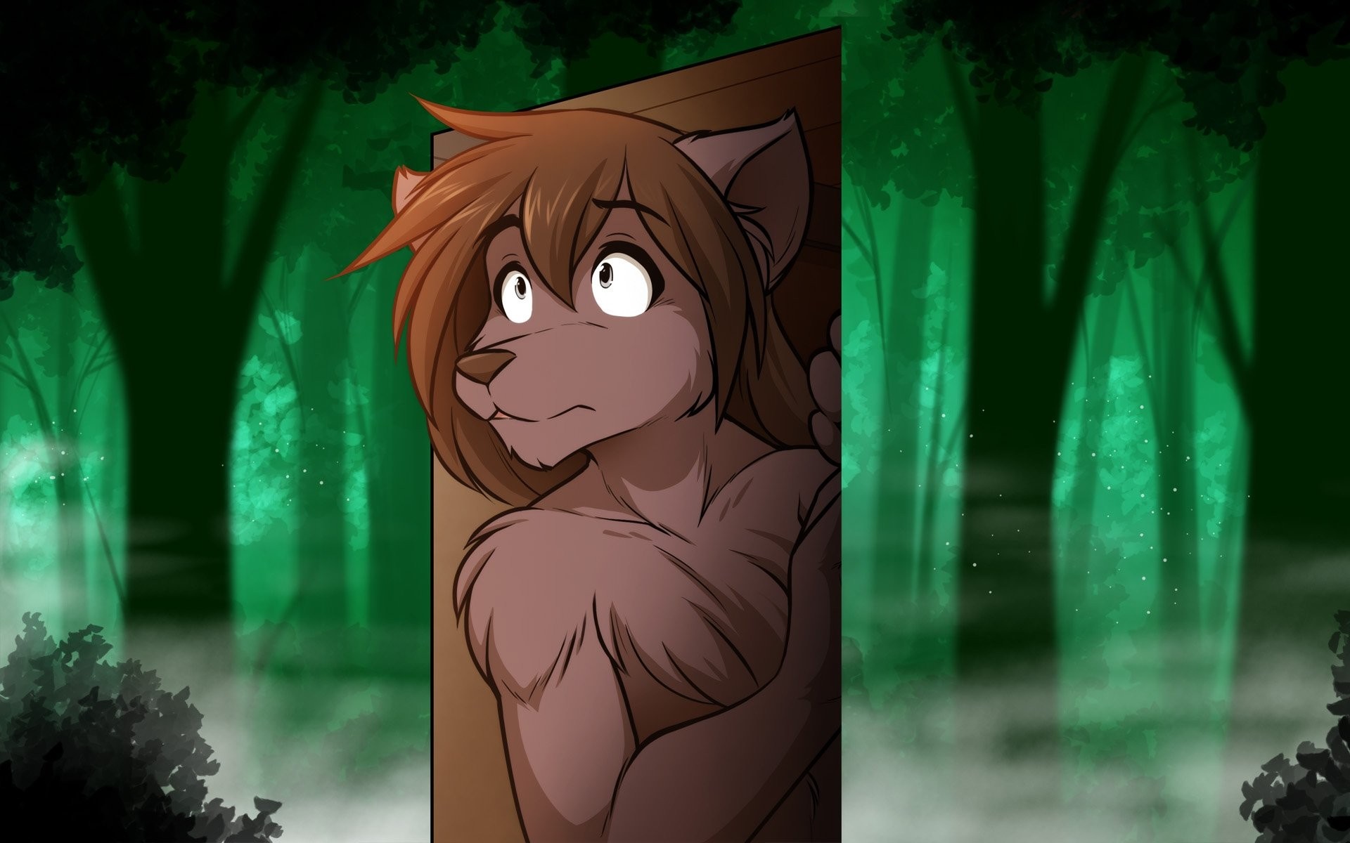 Natani from Twokinds peeking from a doorway in a forest HD Wallpaper