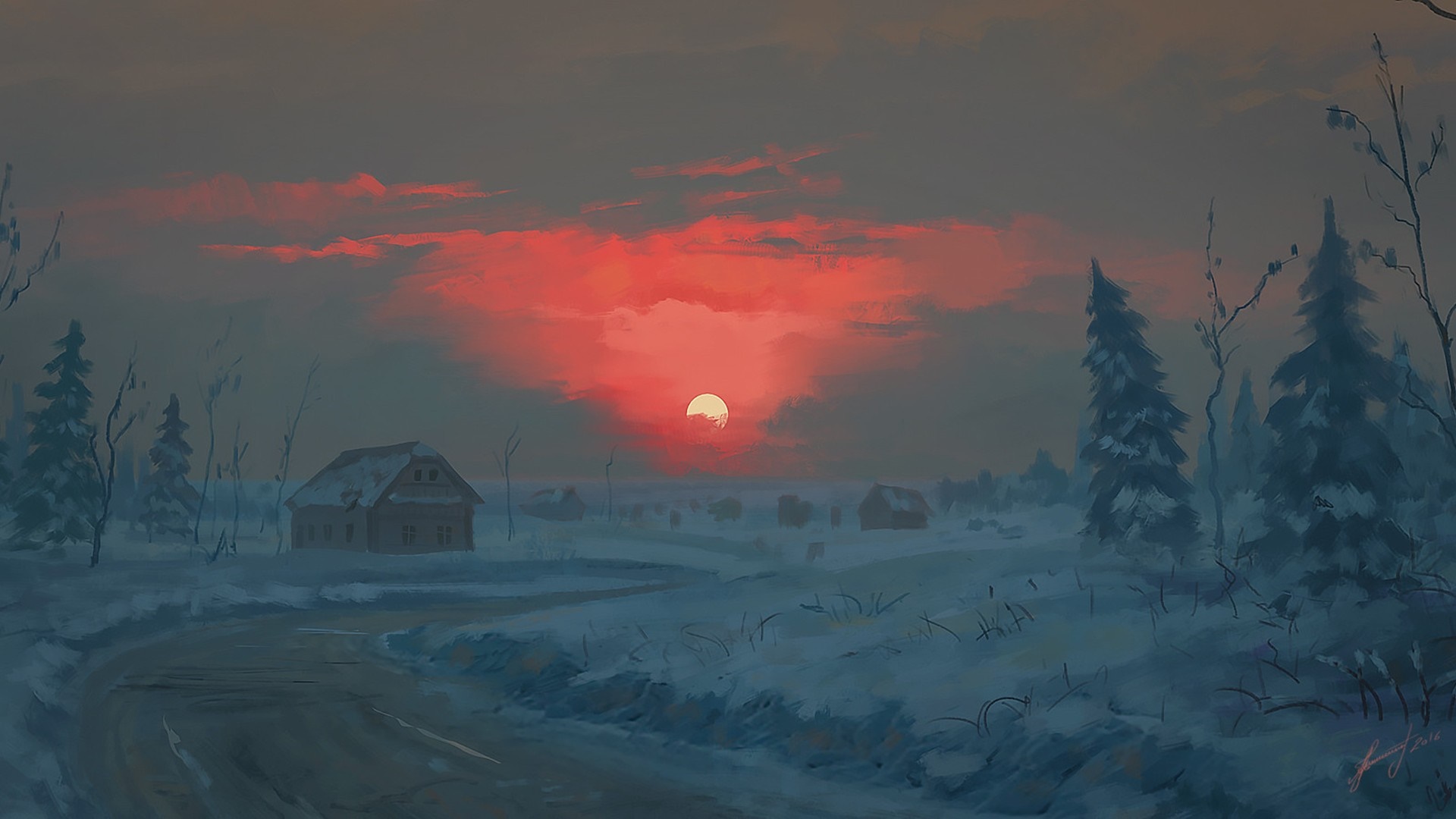 Winter sunset over a snowy landscape with houses and trees HD Wallpaper