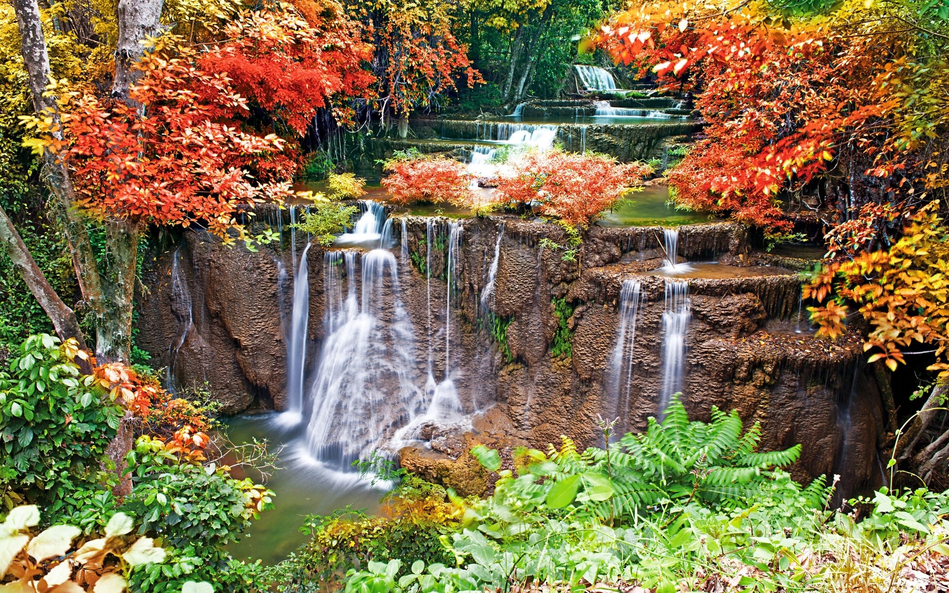 Tiered waterfall with autumn foliage HD Wallpaper