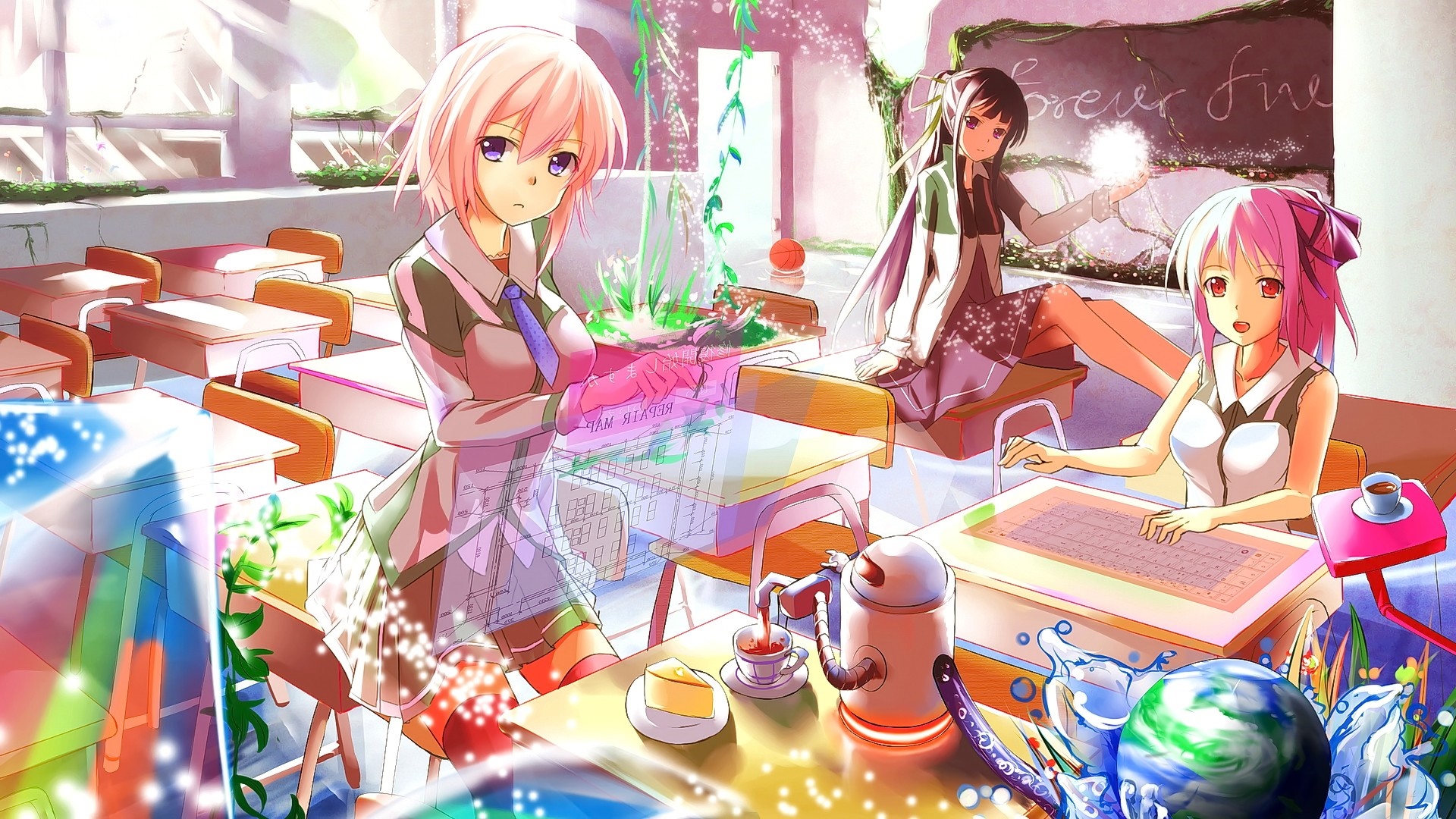 Anime girls in a classroom with magical elements HD Wallpaper