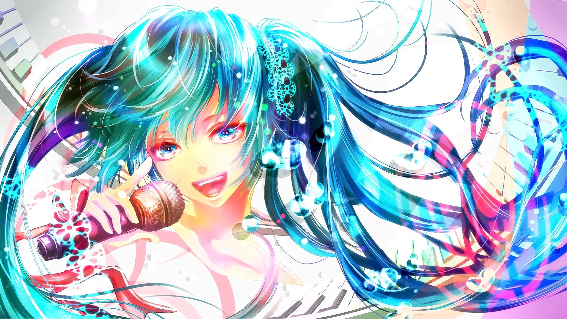 Hatsune Miku singing with a microphone HD Wallpaper