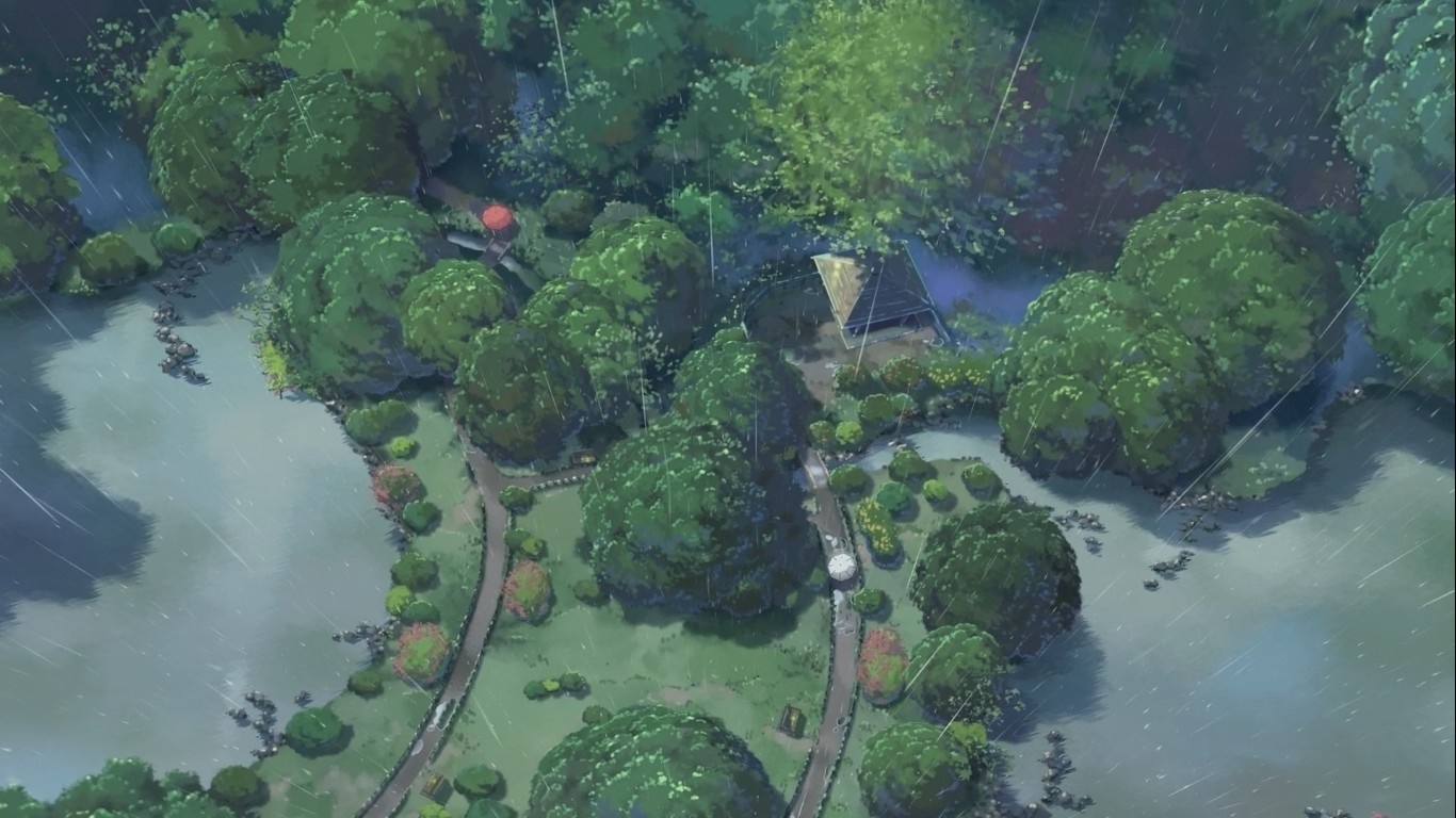 The Garden of Words aerial view of a park in the rain HD Wallpaper