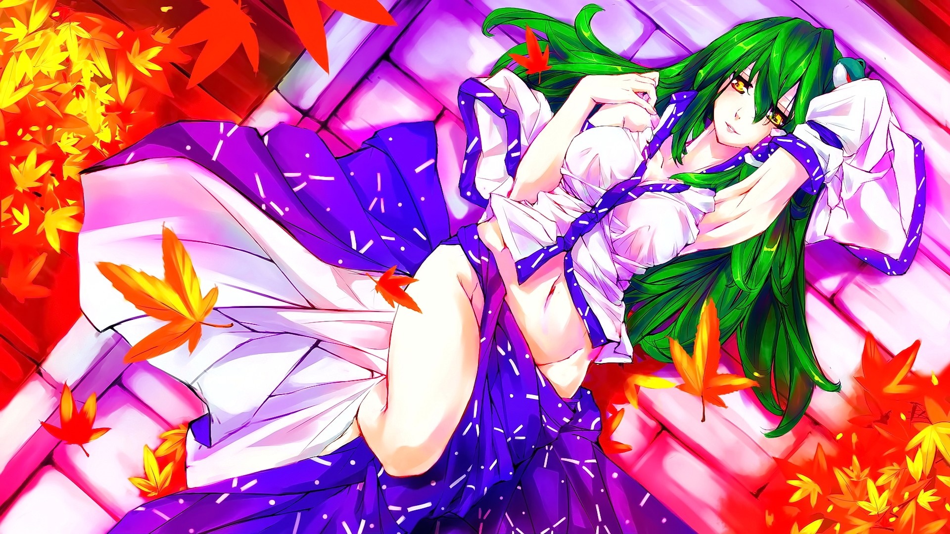 Kochiya Sanae from Touhou lying down with autumn leaves HD Wallpaper