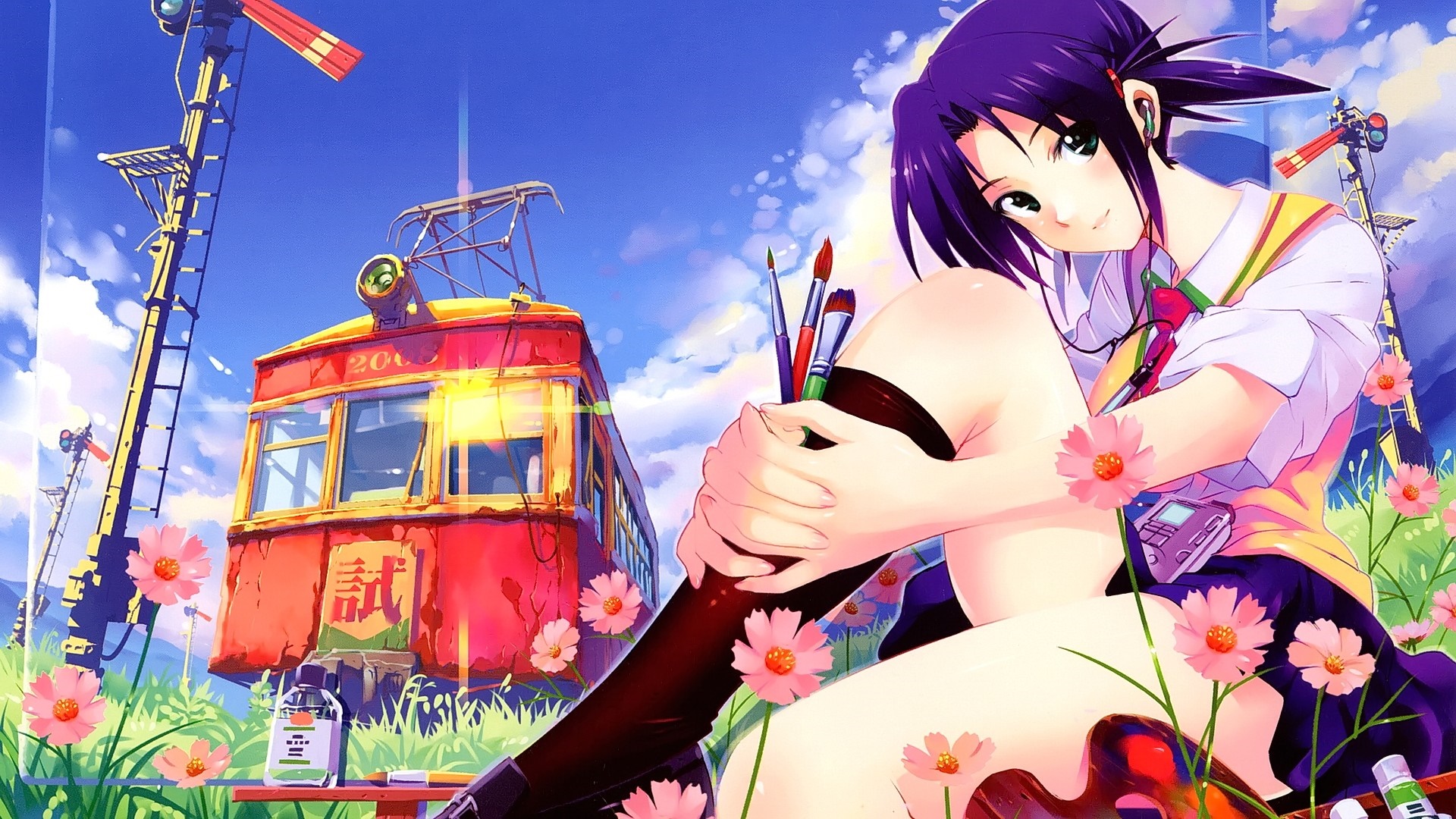 Anime girl with paintbrushes by a train HD Wallpaper