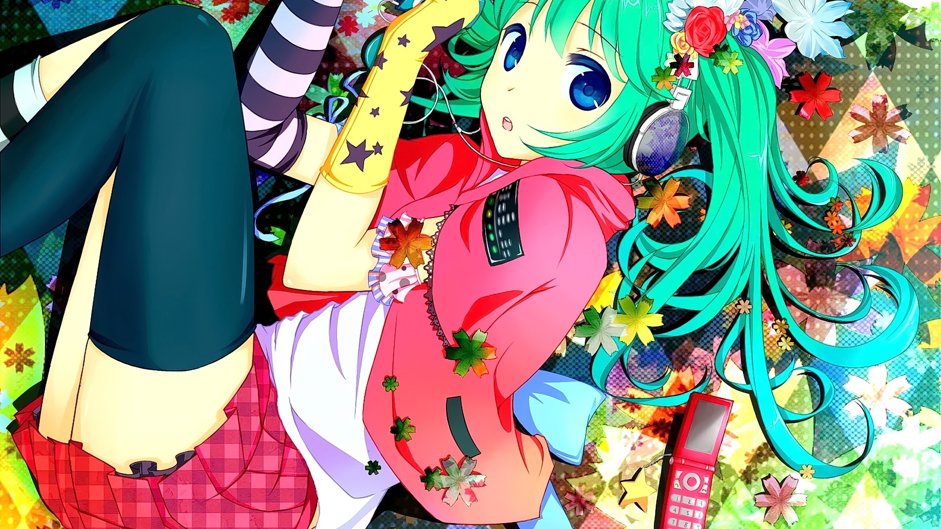 Hatsune Miku with headphones and flowers HD Wallpaper