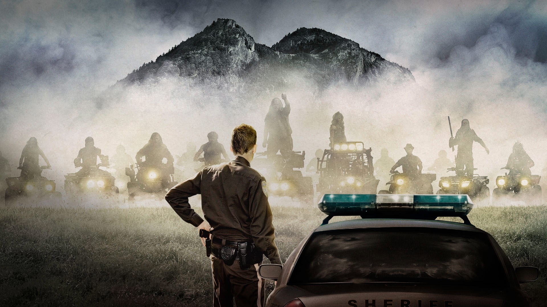 Sheriff facing a group of people on ATVs in fog HD Wallpaper