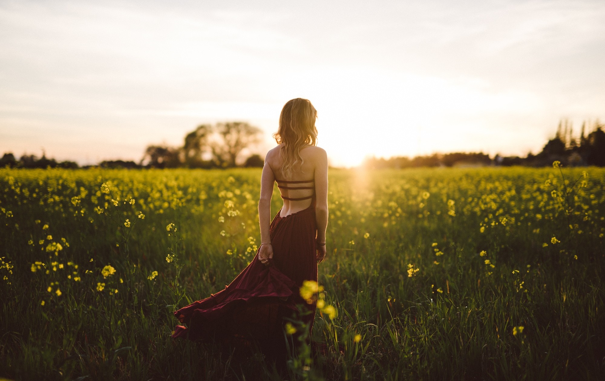 Woman in a dress in a field at sunset HD Wallpaper