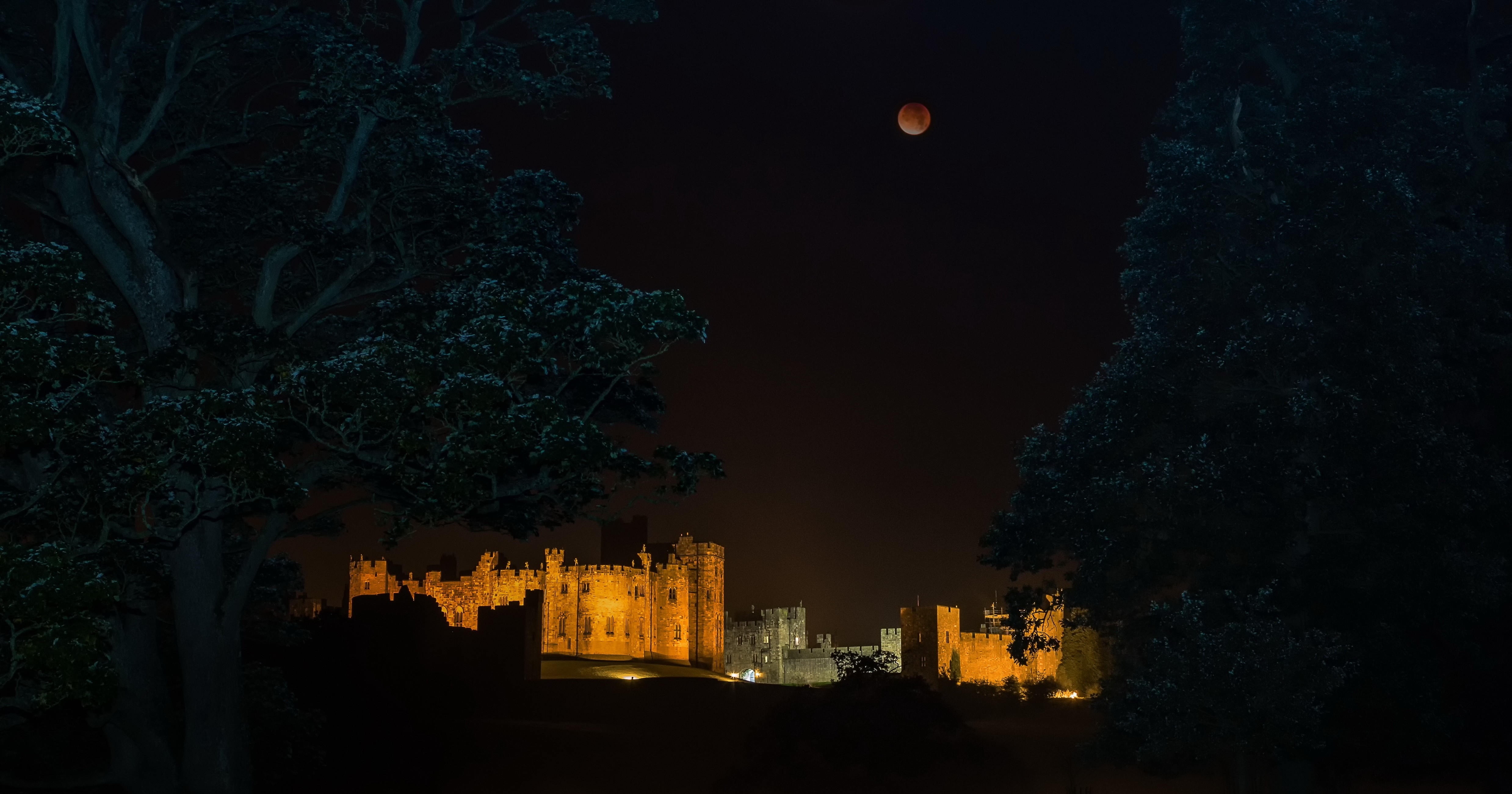 Castle illuminated at night under a red moon HD Wallpaper