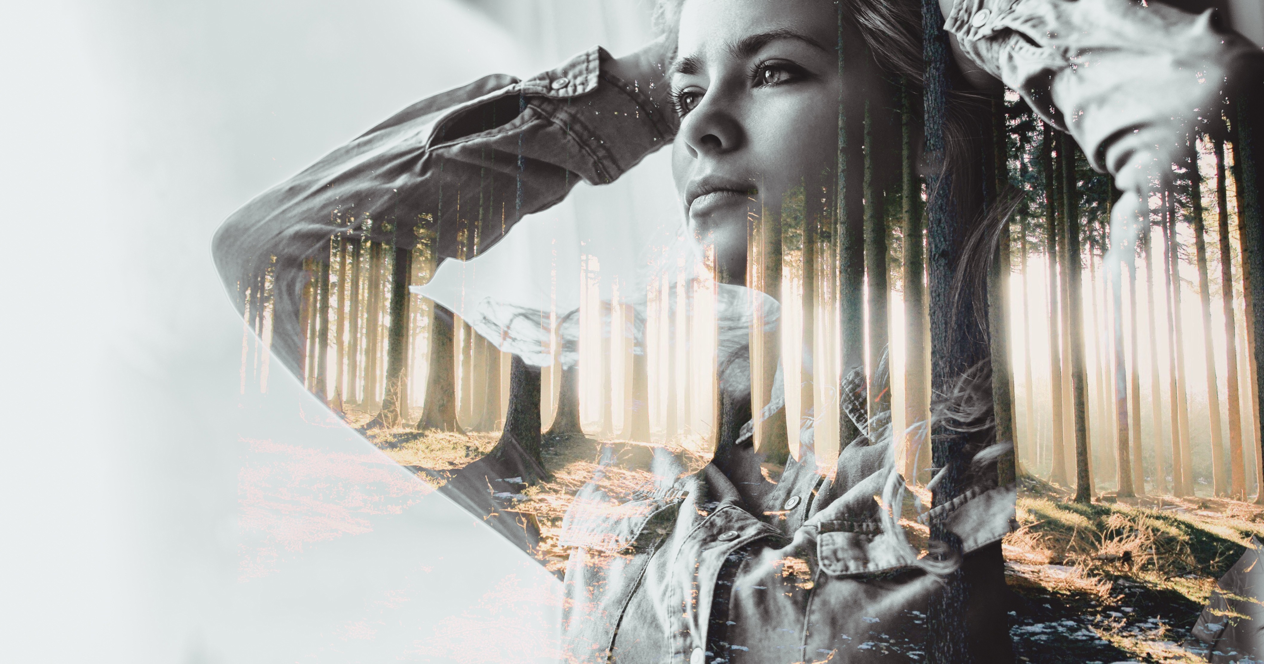Double exposure of a woman and a forest HD Wallpaper