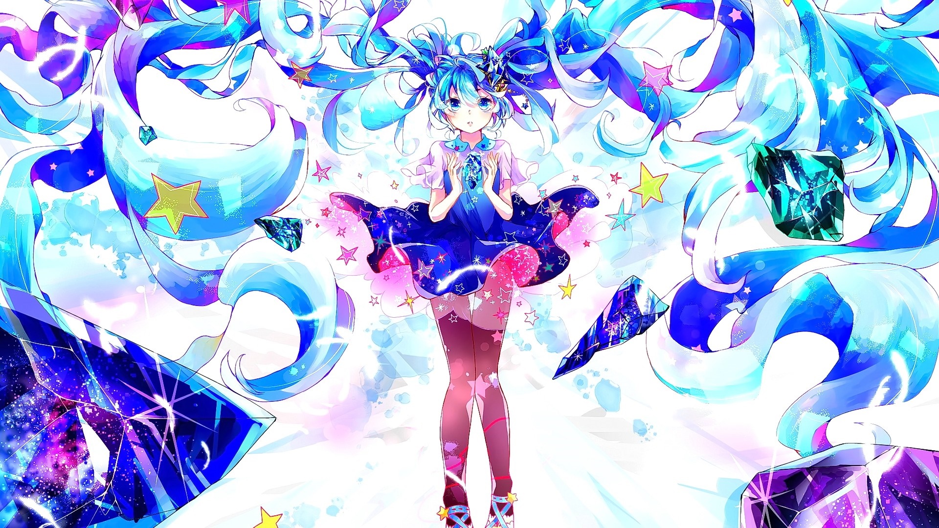 Hatsune Miku with blue hair and starry dress HD Wallpaper