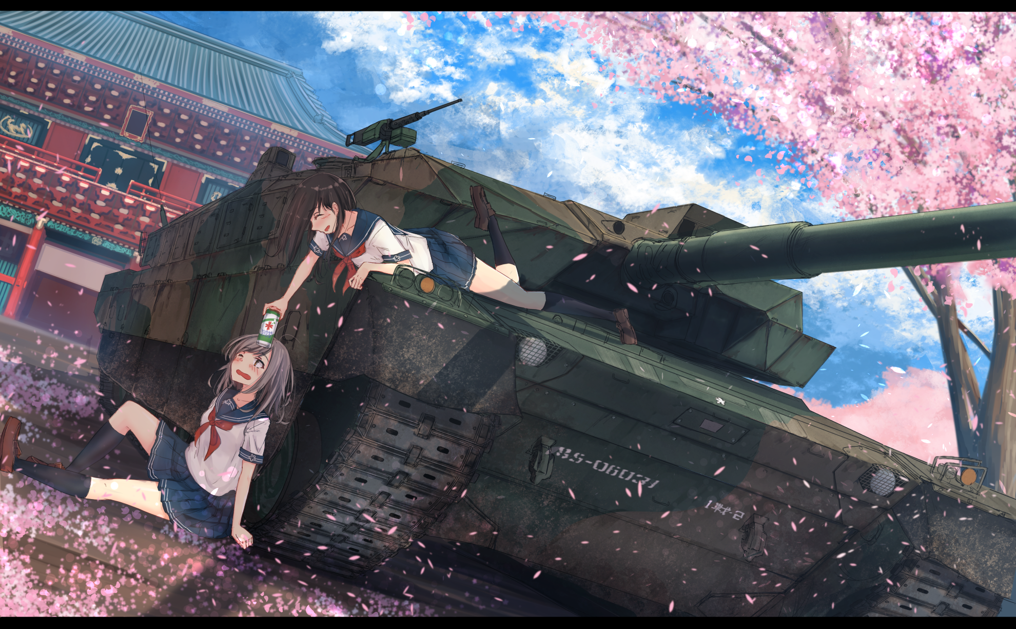 Anime girls with a tank under cherry blossoms HD Wallpaper
