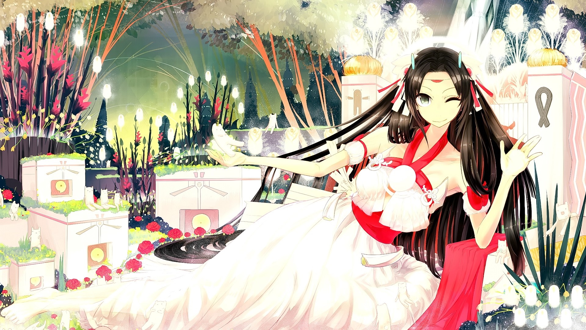 Anime girl with long dark hair in a white dress HD Wallpaper