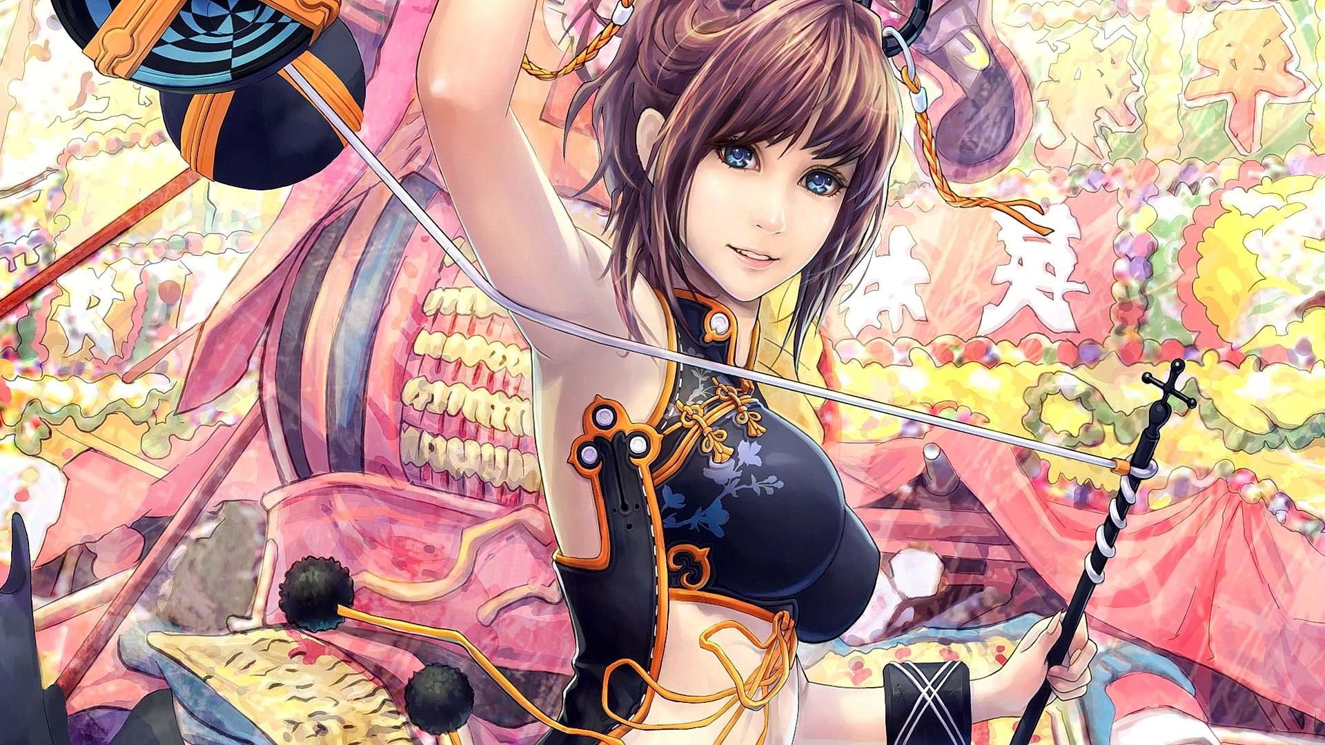Anime girl in traditional Chinese dress with staff HD Wallpaper