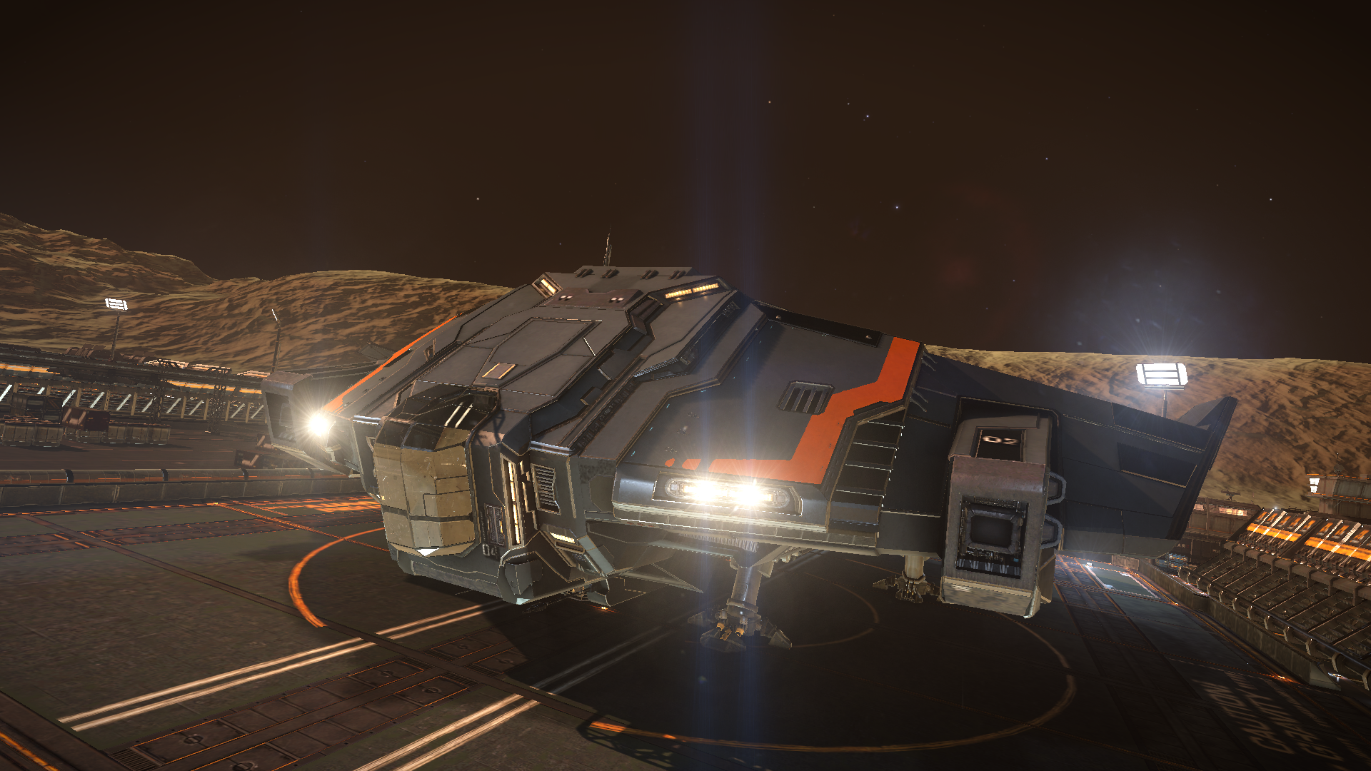 Anaconda ship from Elite Dangerous on a landing pad HD Wallpaper